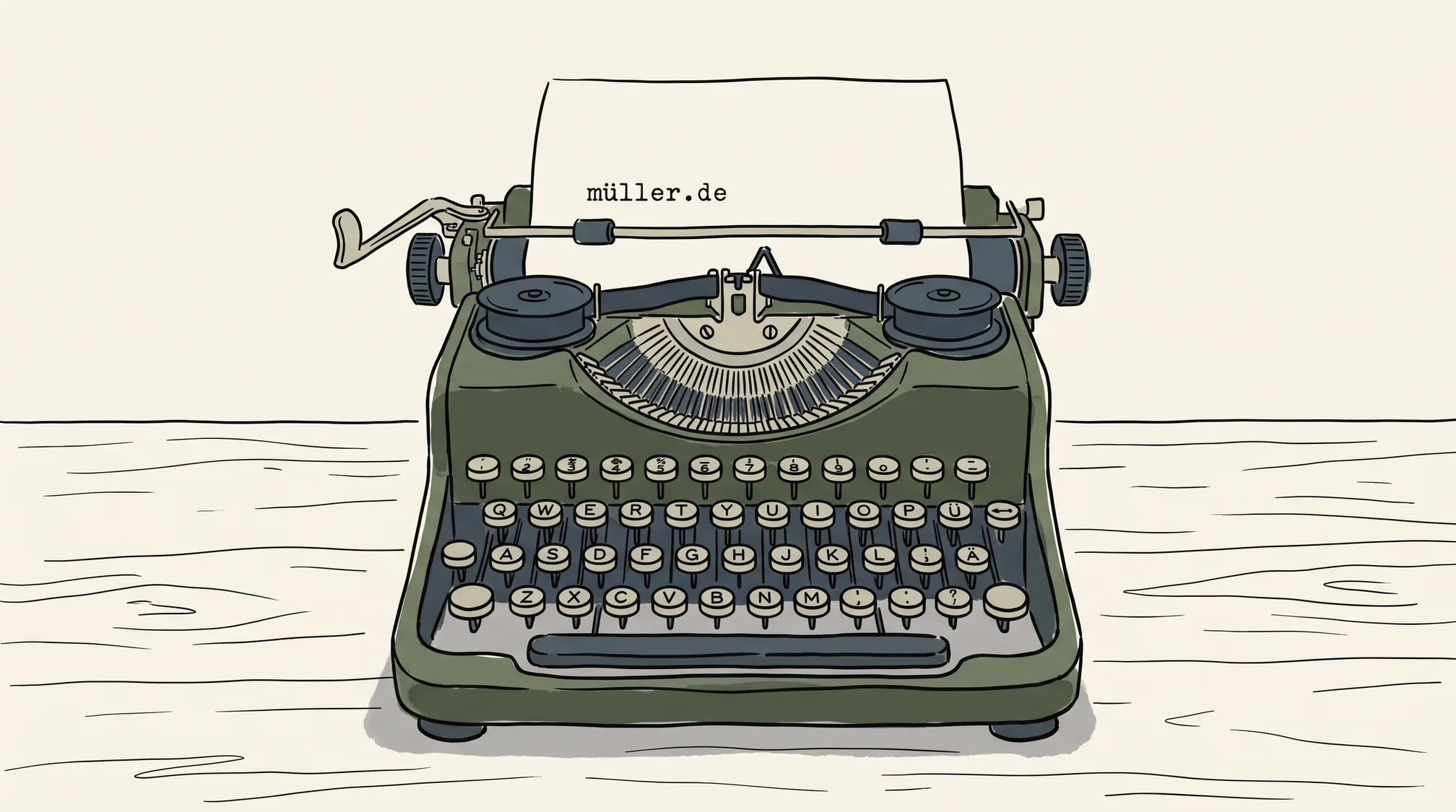 A manual typewriter with a sheet of paper in the roller typed with the single line müller.de.