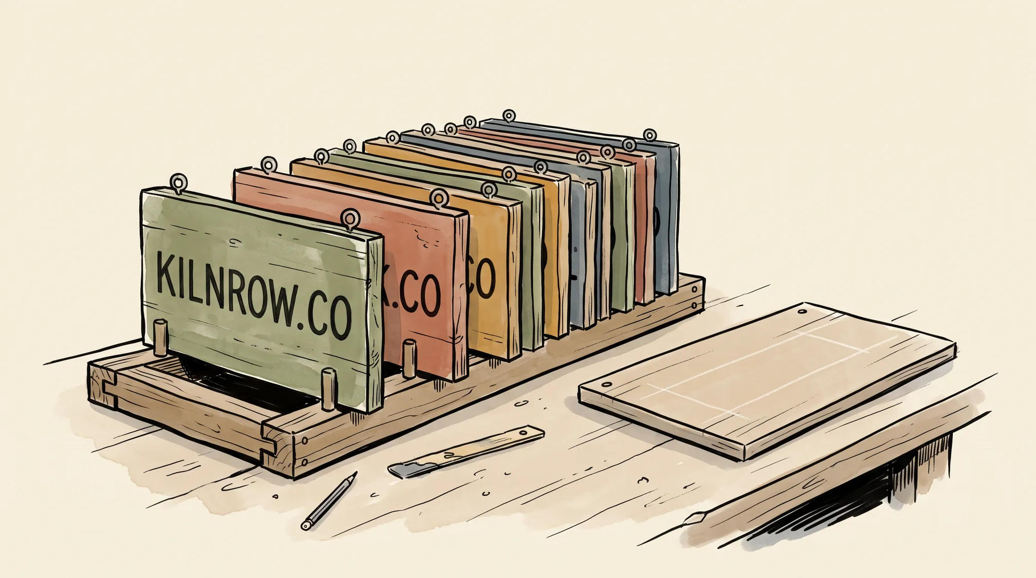A workbench rack of finished hanging shop signs lettered KILNROW.CO, SALTWICK.CO and BRAMBLEHOUSE.CO, beside one blank board ruled with chalk guide lines.