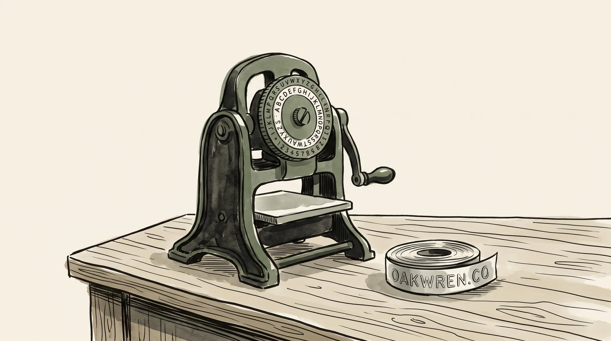 A hand-cranked embossing machine with a lettered dial on a wooden counter, with a coil of embossed metal tape beside it reading OAKWREN.CO.