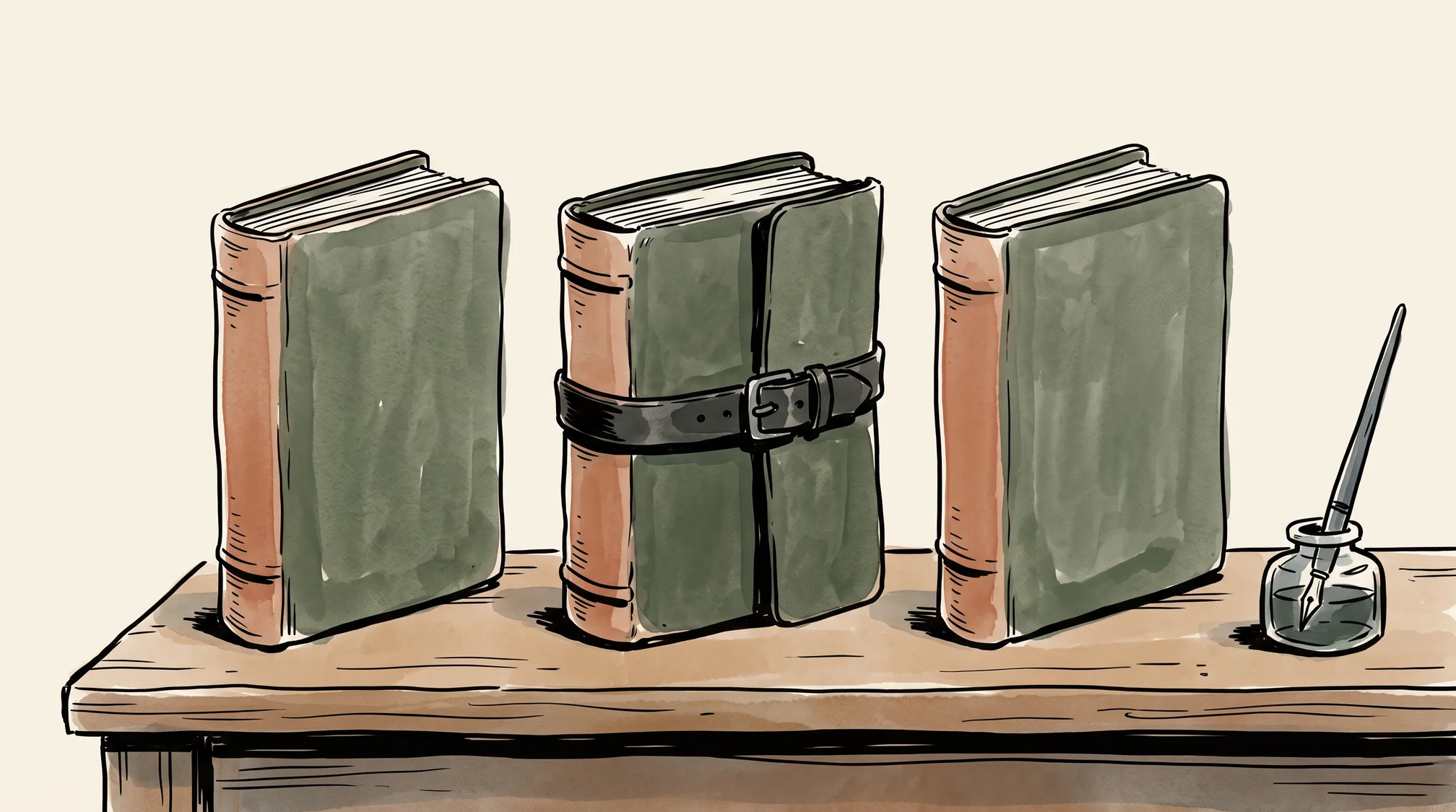 Three matching leather registers stand in a row on a counter, the middle one buckled shut with a strap and the others open at the cover, with a pen in an inkstand beside them.
