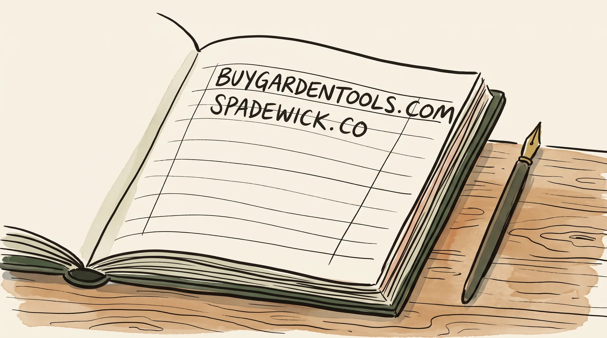 An open ledger book on a wooden counter shows two handwritten entries, a long descriptive domain name and a short invented one, with a dip pen lying beside it.