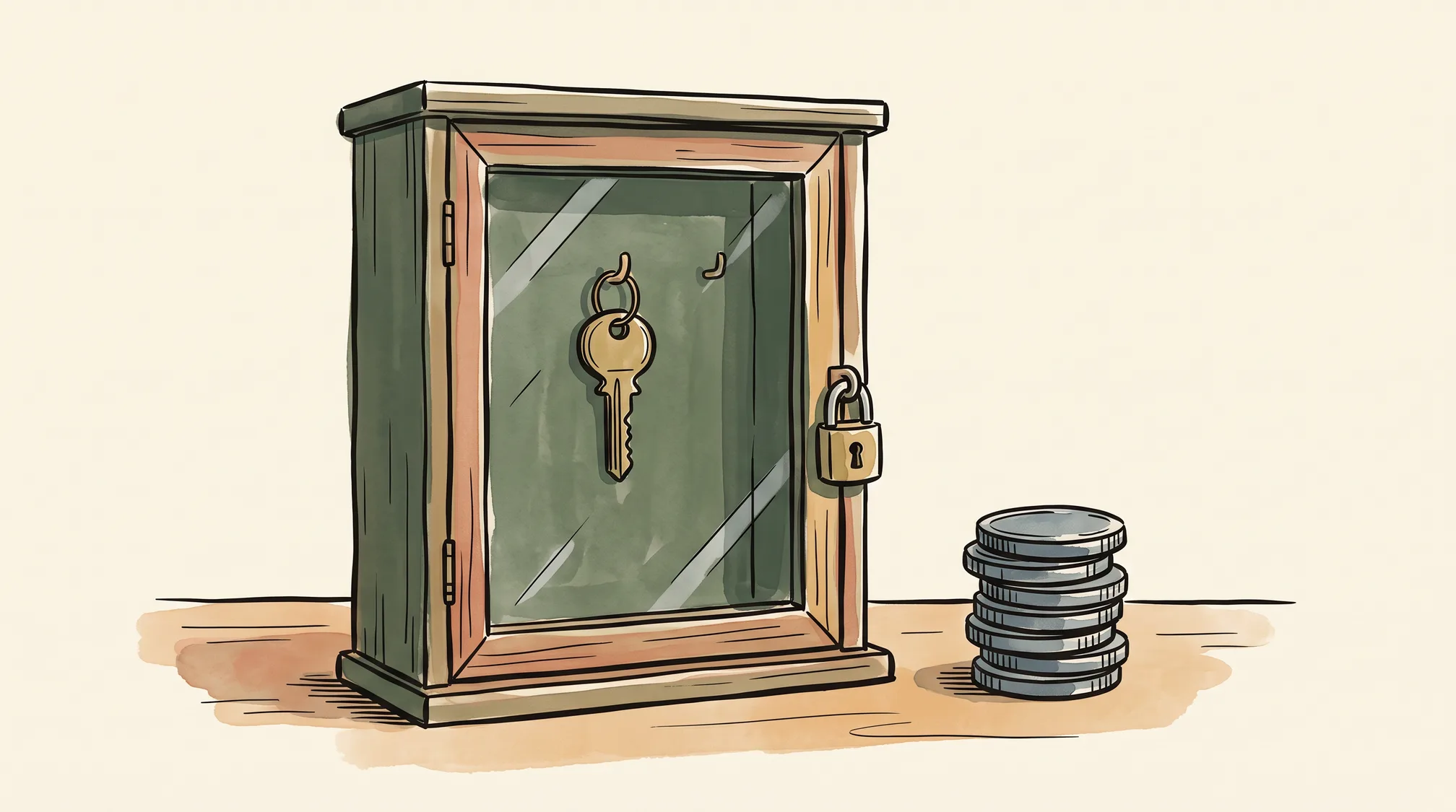 A locked glass-fronted key cabinet on a wooden counter holds one brass key behind its glass, with a stack of coins on the counter beside it.