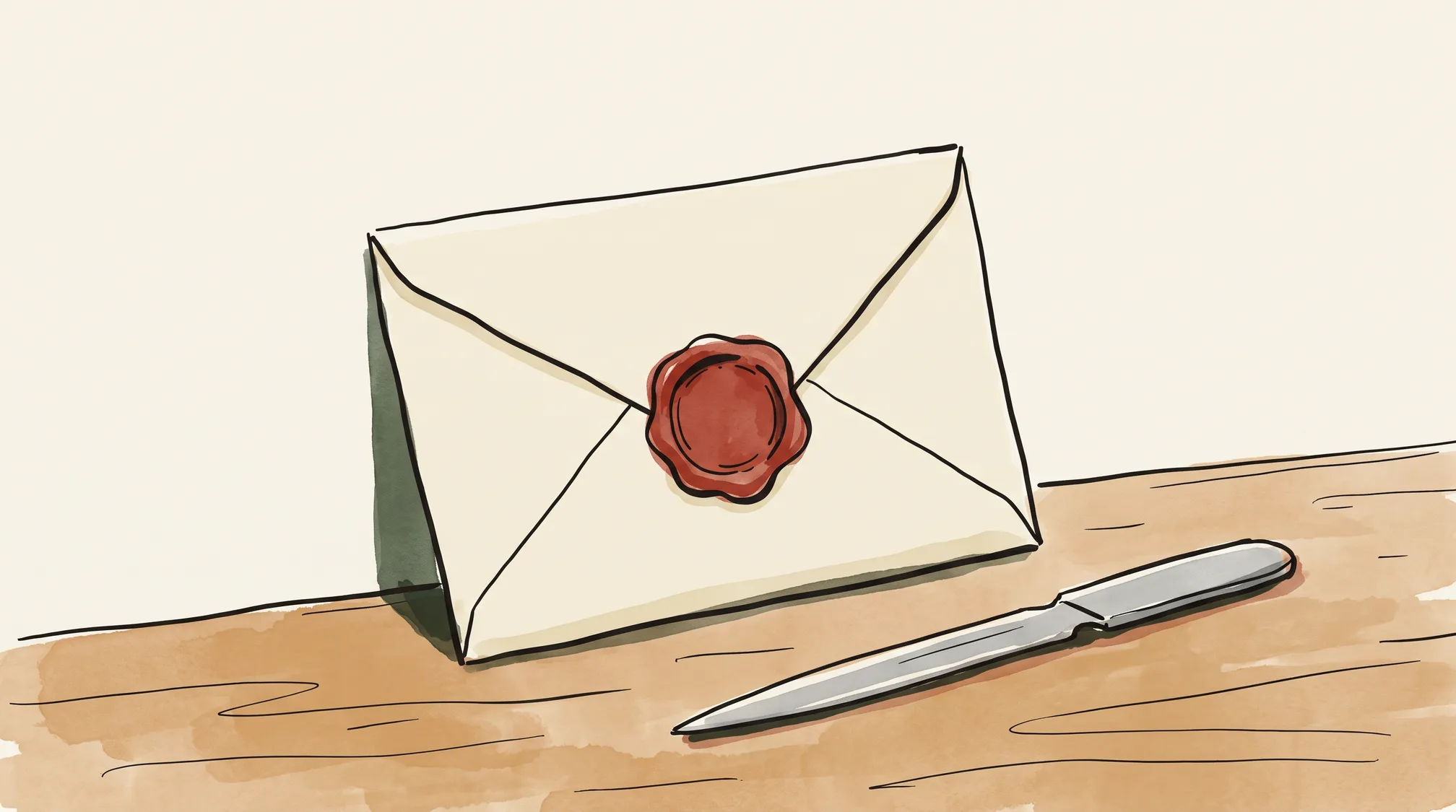 An unopened cream envelope sealed with red wax lies on a wooden desk next to a steel letter opener.