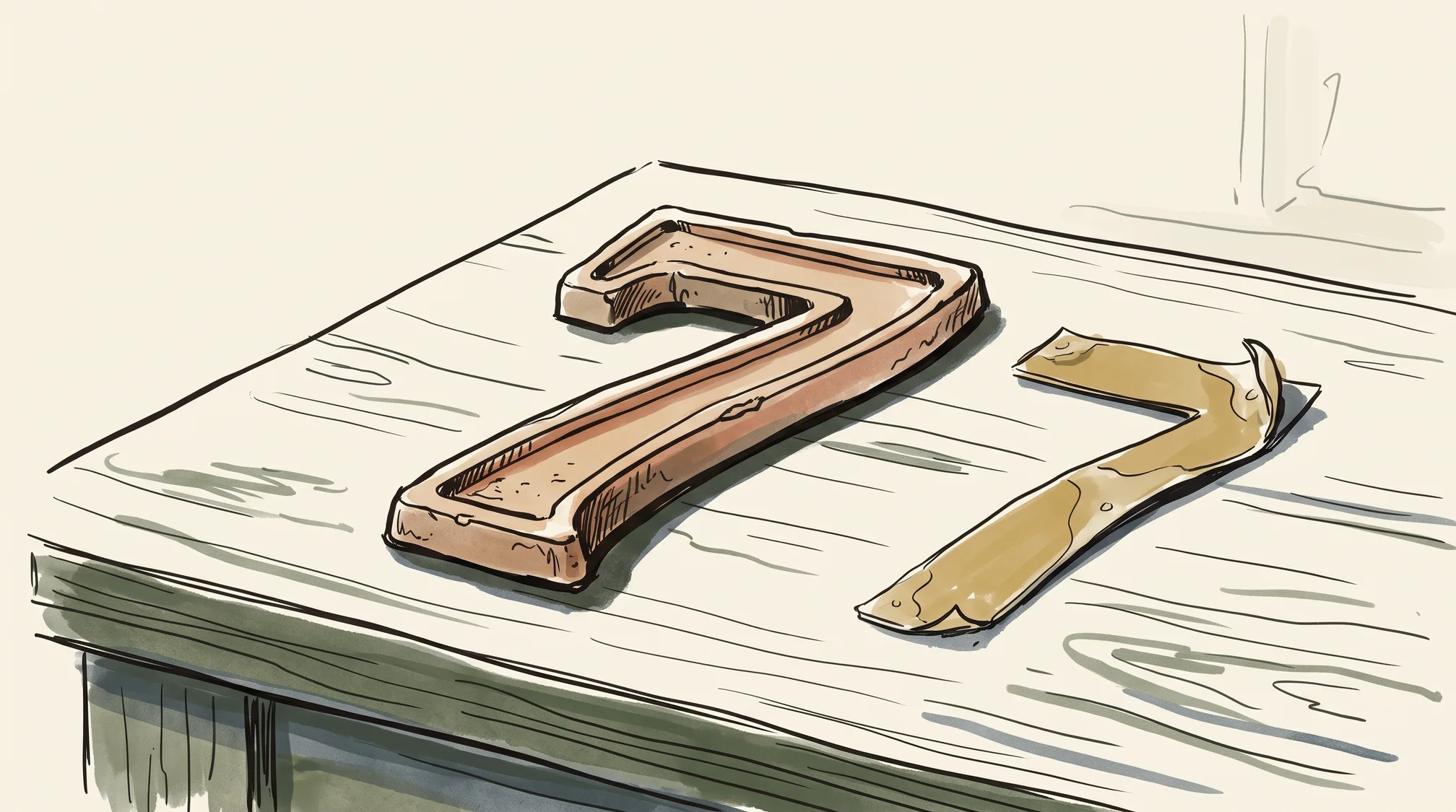 A heavy cast-brass house number 7 on a wooden shop counter next to a flimsy stick-on plastic 7 with peeling edges.