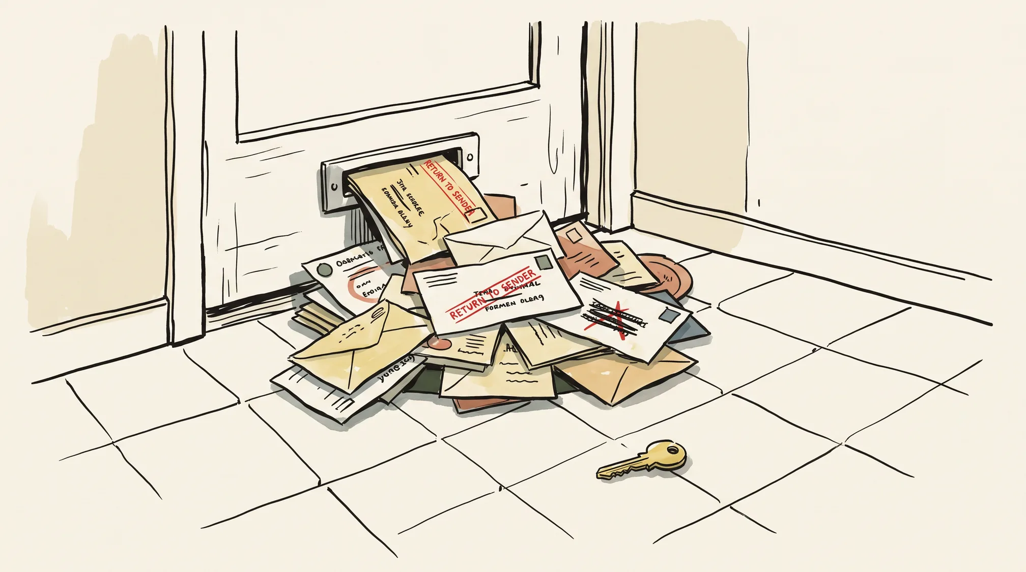 A pile of old yellowed envelopes and circulars lies on the tiled floor under a shop door's letter slot, with a new brass key on the tiles beside it.
