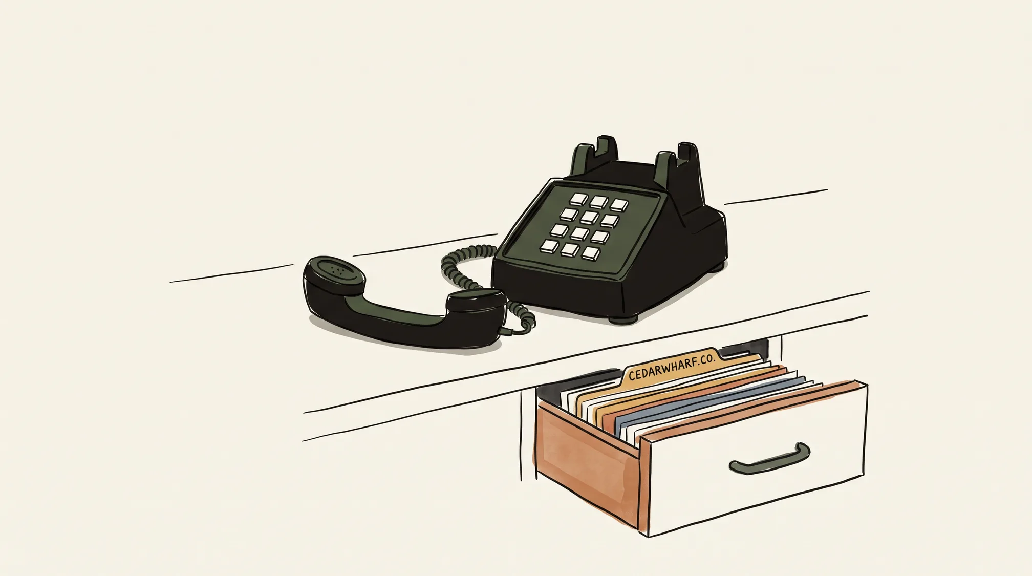 A desk telephone with the handset lying beside it on a counter, next to an open card-index drawer with a raised tab reading CEDARWHARF.CO.