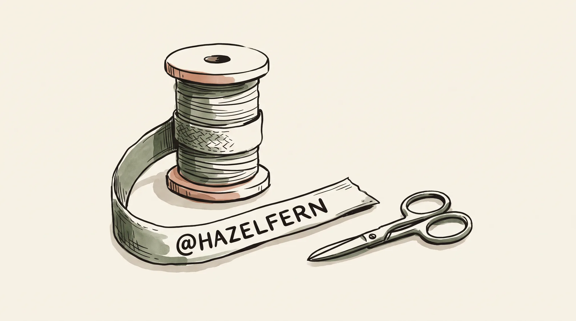 A spool of cotton name tape on a counter next to a cut strip printed with the handle @HAZELFERN and a small pair of scissors.