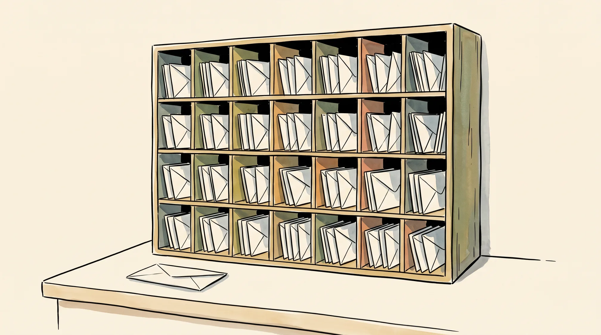 A wooden pigeonhole sorting frame filled with identical upright envelopes on a counter, with a single envelope lying flat in front of it.
