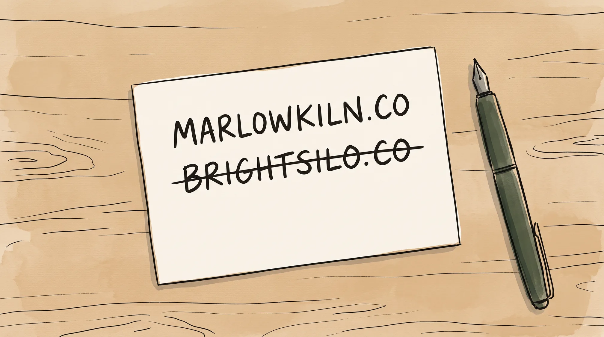 An index card on a wooden counter bears two handwritten domain names, the lower one struck through with a single ink line, with a fountain pen lying beside it.
