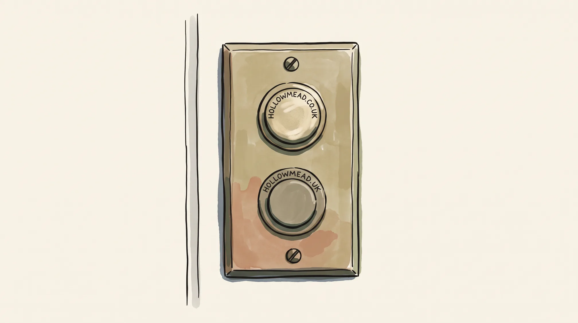A brass doorbell panel on a door frame with two buttons, the upper engraved HOLLOWMEAD.CO.UK and worn shiny, the lower engraved HOLLOWMEAD.UK and unworn.