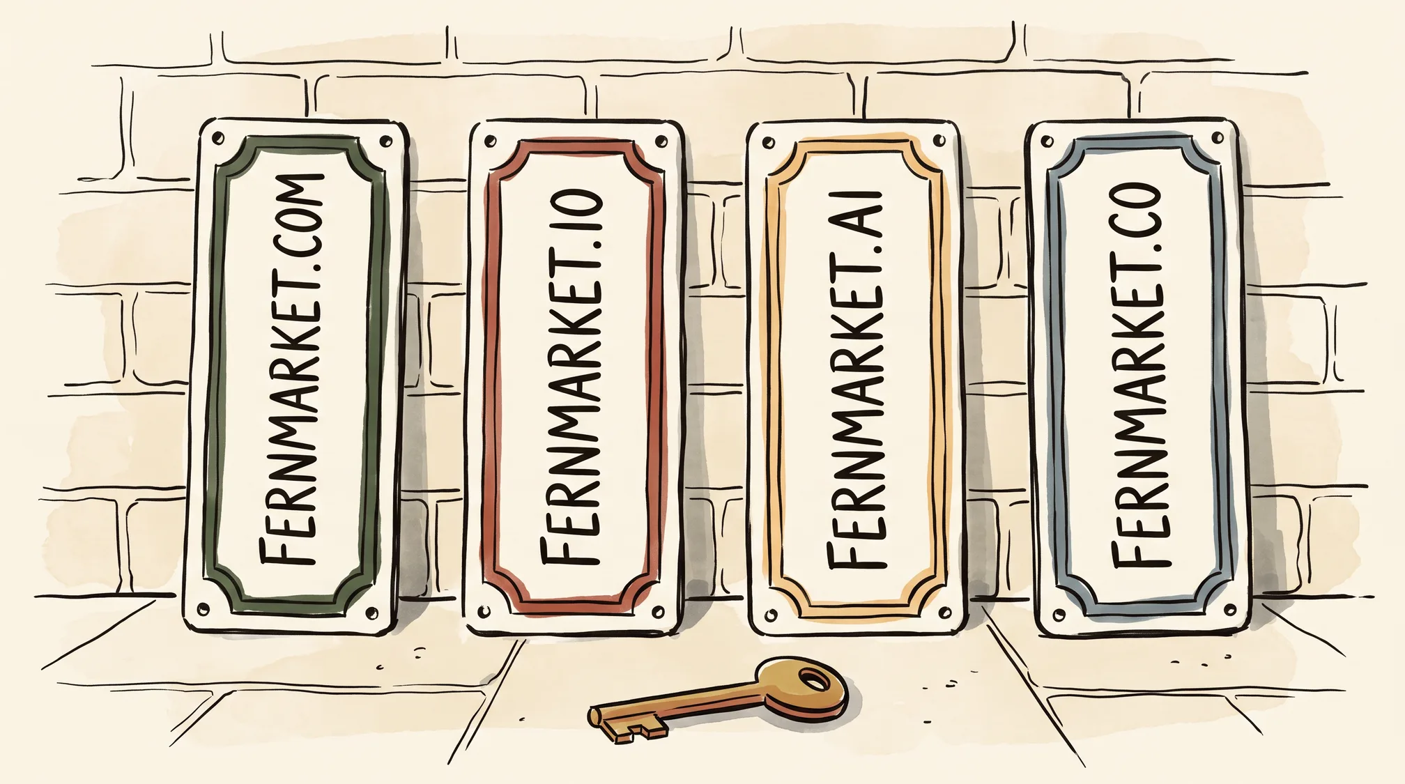 Four enamel shop-door plates lean against a brick wall, each bearing the same invented name with a different domain ending, a brass key on the pavement in front.