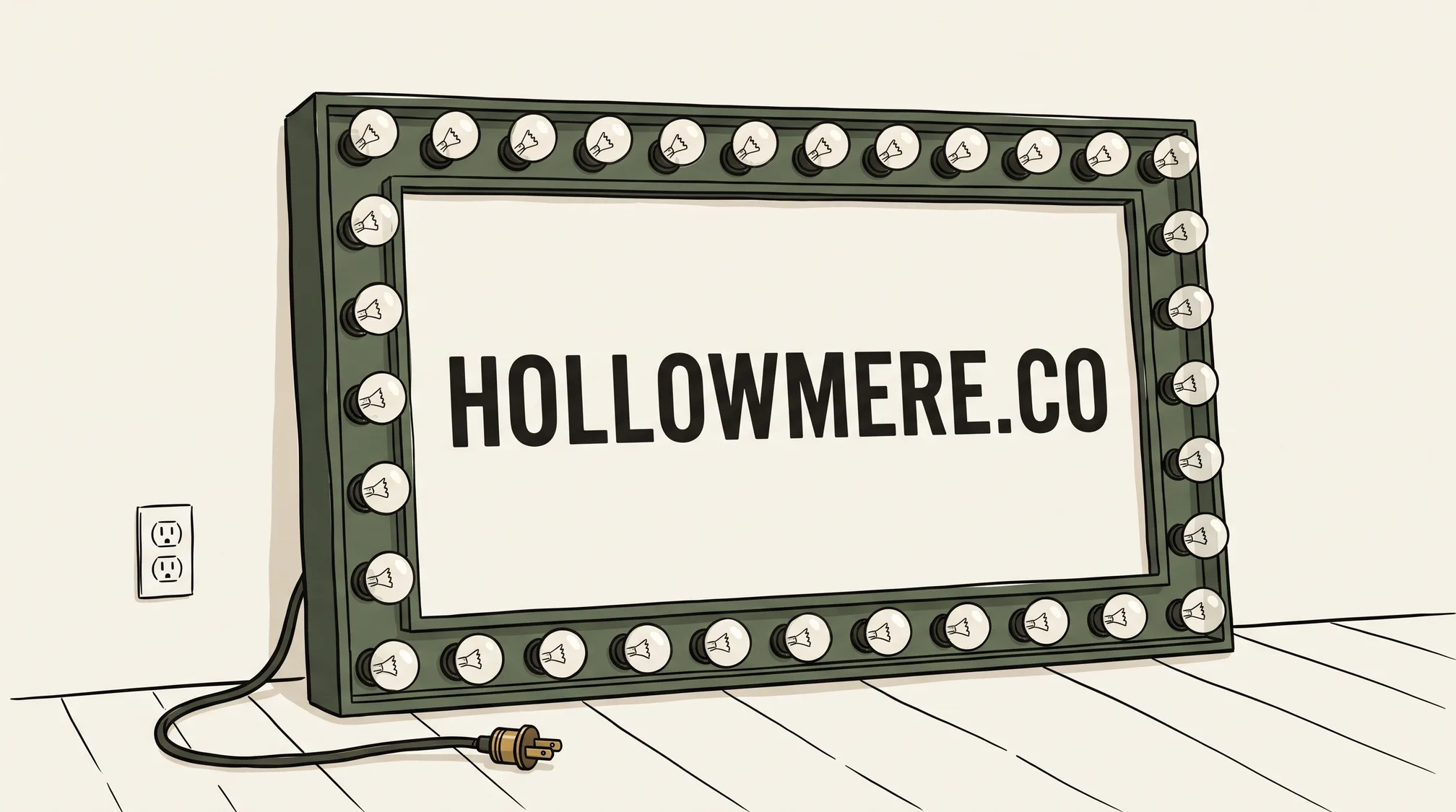 A theatre marquee sign edged with unlit bulbs reading HOLLOWMERE.CO leans against a wall, its power cord ending in an unplugged plug on the floor beside a socket.