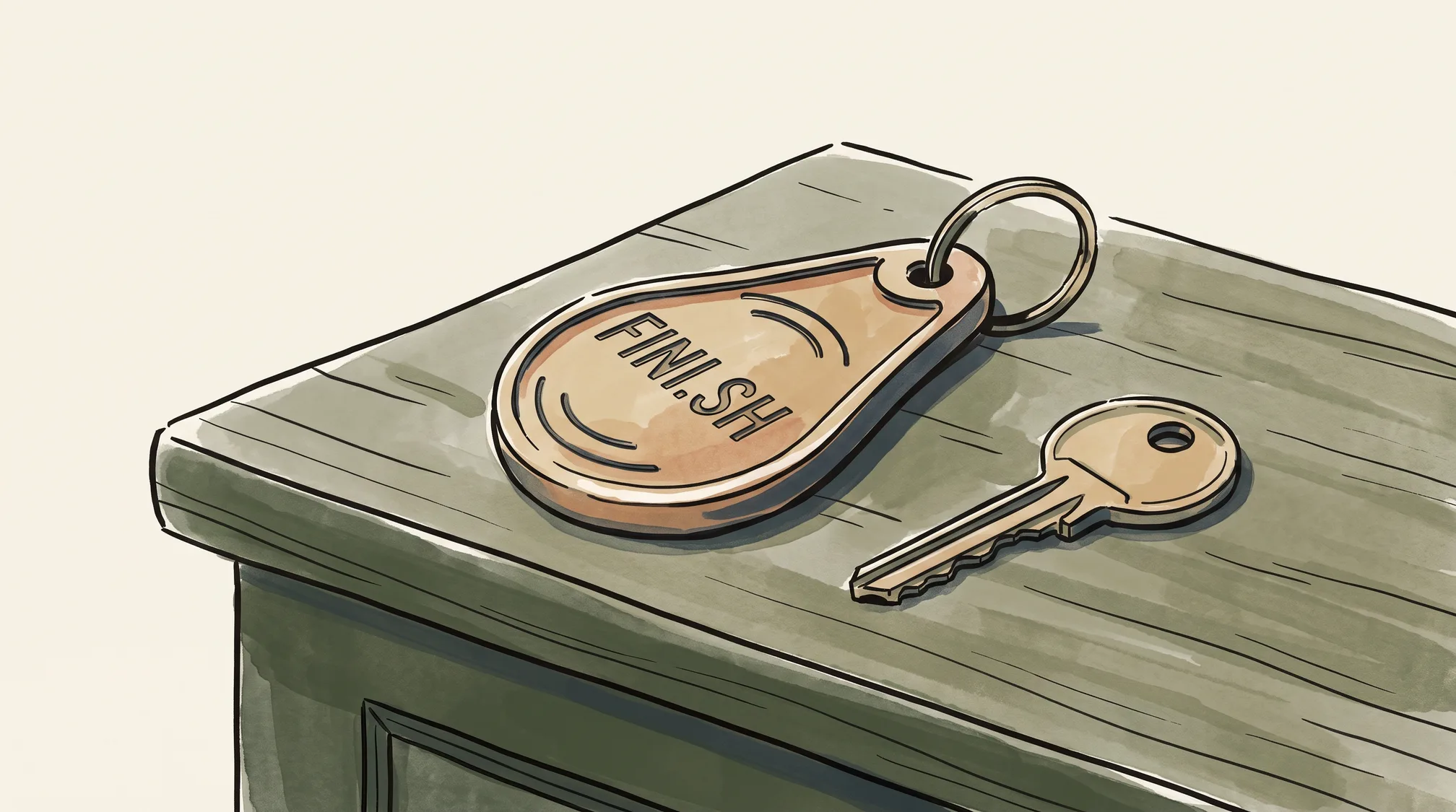 A brass hotel key fob engraved FINI.SH lying on a wooden counter next to a plain brass key.
