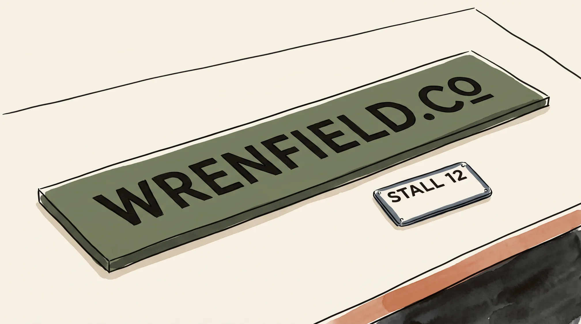A finished shop fascia lettered WRENFIELD.CO lies on a workbench beside a small enamel stall badge reading STALL 12.
