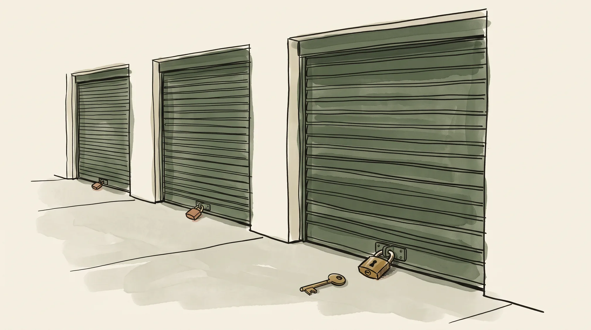 A row of identical garage shutters, each secured at the bottom by the same brass padlock, with one key lying on the ground in front of the nearest shutter.