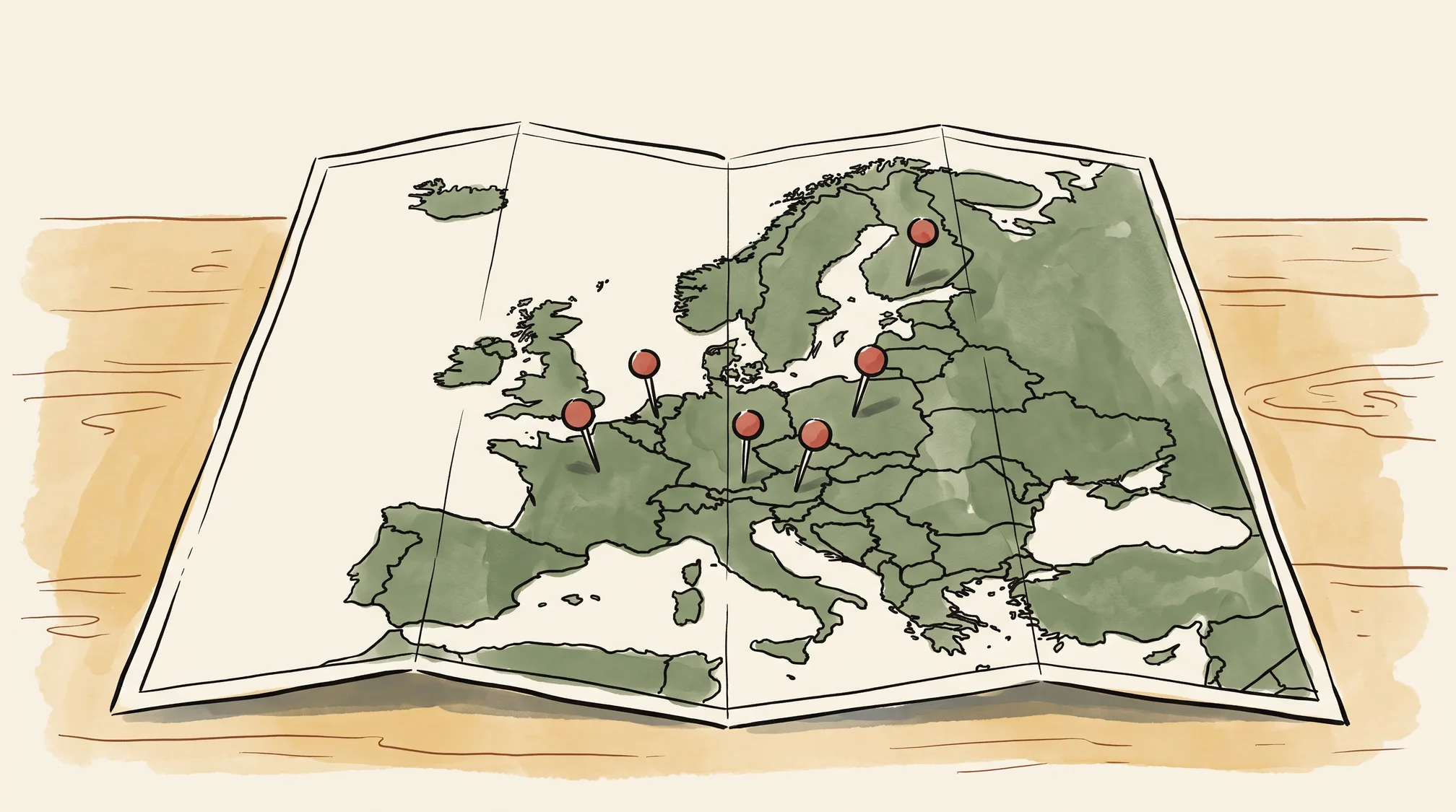 An unfolded paper map of Europe on a counter with six red-headed map pins pushed into it at northern and central European cities.