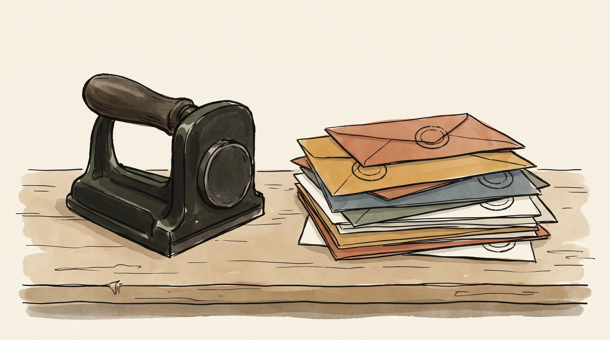 A heavy iron postmark canceller sits on a wooden counter next to a stack of assorted envelopes, all bearing the same round postmark.