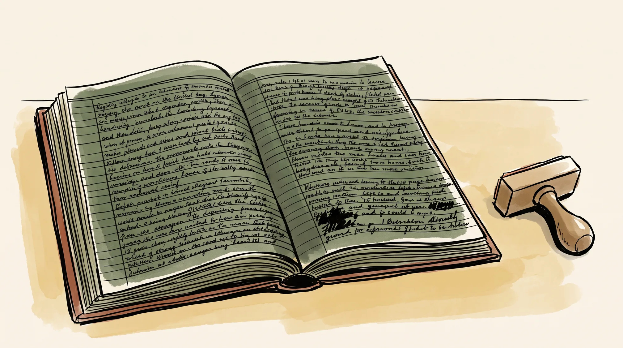 An open registry ledger on a counter, its ruled pages completely filled with handwritten entries, with a wooden-handled rubber stamp lying beside it.