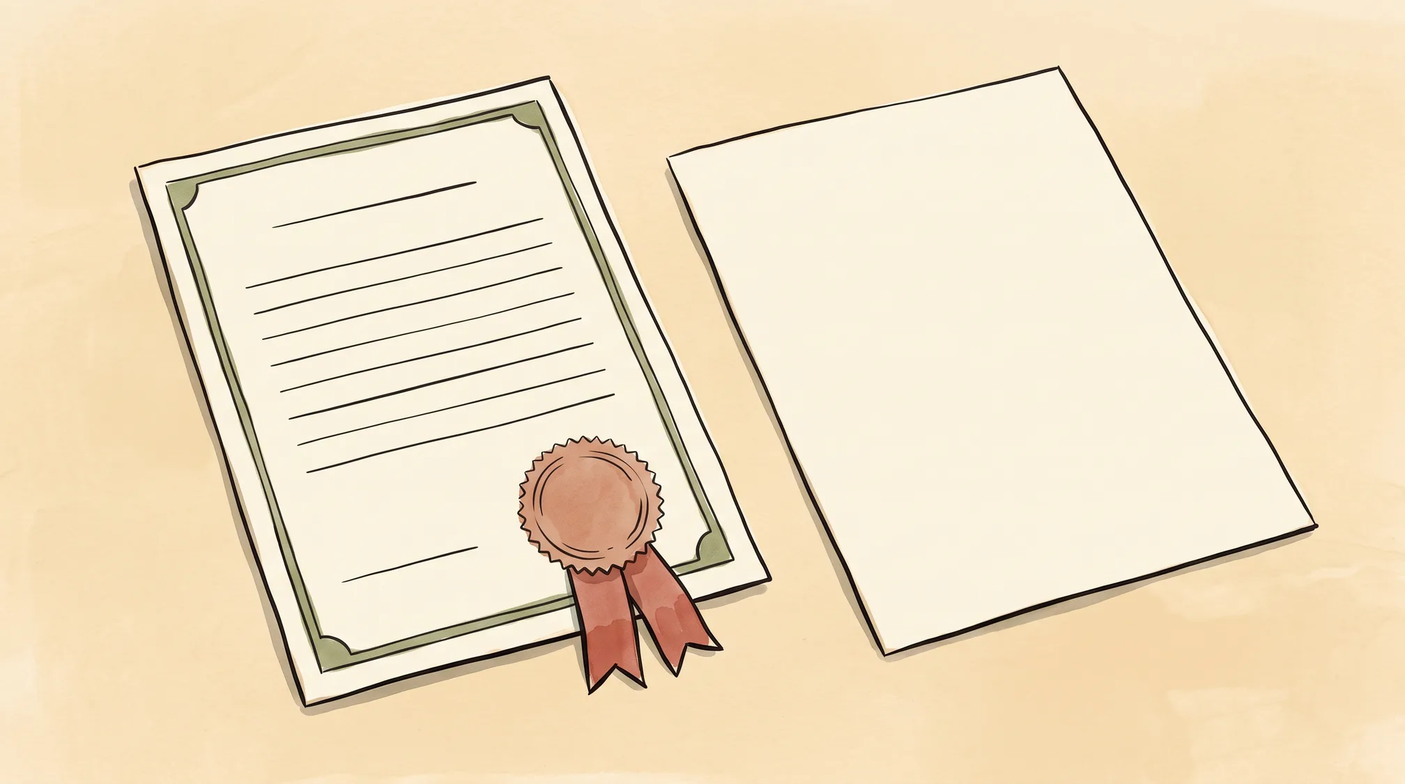 A blank parchment certificate with an embossed seal and red ribbon lies on a wooden counter next to an identical sheet of plain paper with no seal.