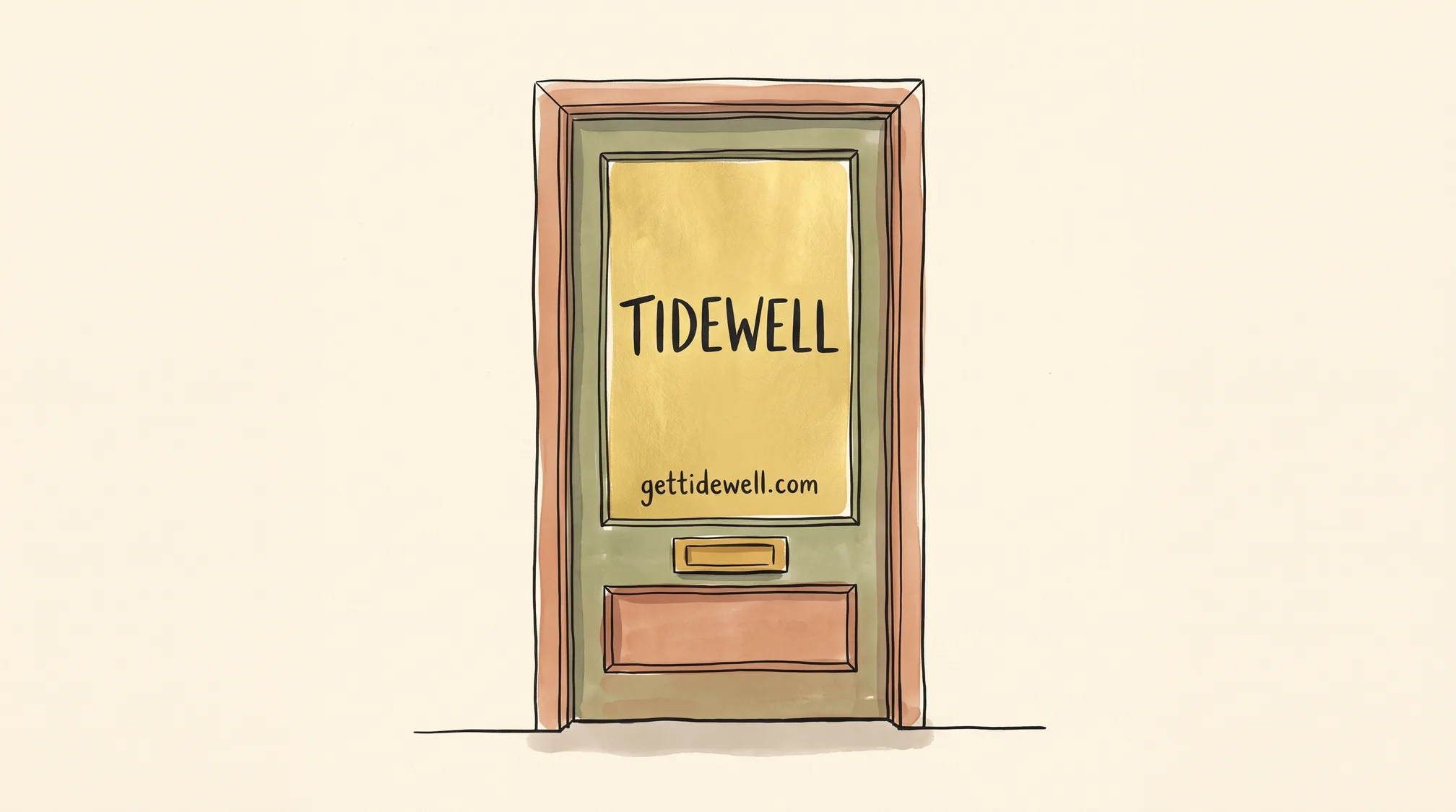 A shop door with gold lettering on its glass reading TIDEWELL above a smaller line reading gettidewell.com, with a plain brass letter plate below.