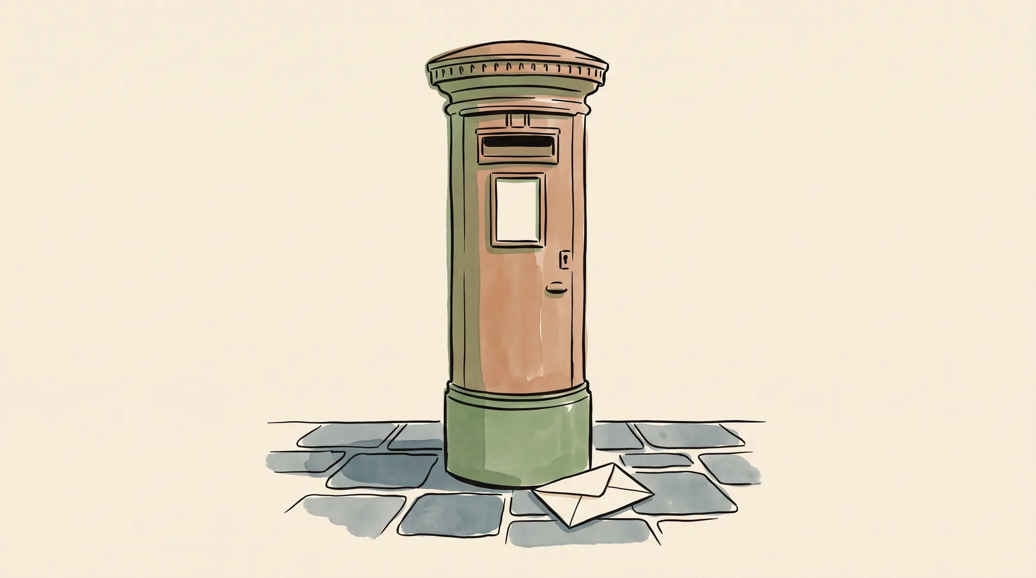 A street post box whose collection-times panel is completely blank, with a plain sealed envelope lying on the pavement beside its base.