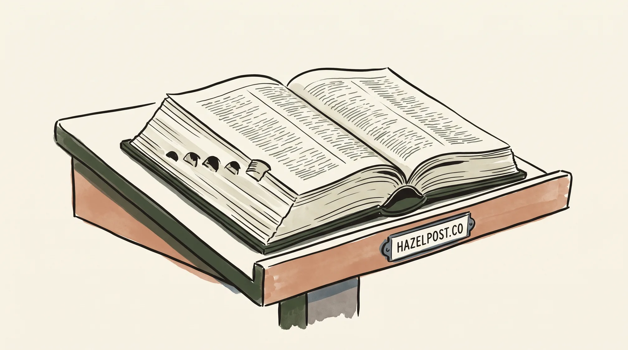 An open dictionary with thumb-index tabs rests on a wooden lectern next to a small enamel plate reading HAZELPOST.CO.