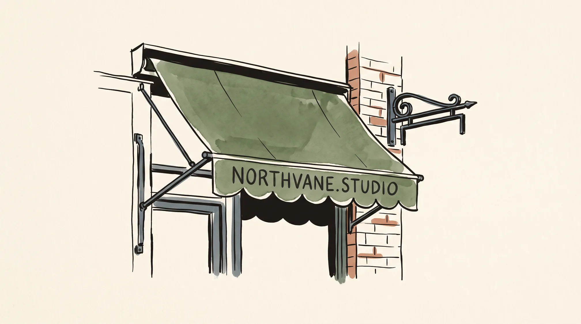 A shopfront awning whose hanging valance is painted with the single line NORTHVANE.STUDIO, next to an empty iron sign bracket on the brickwork.