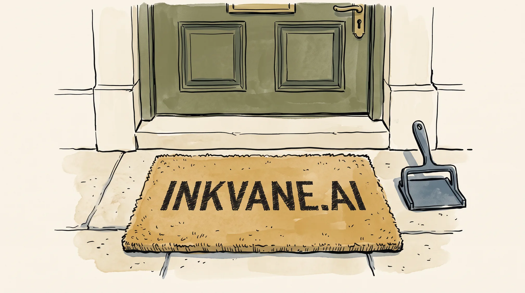 A coir doormat reading INKVANE.AI lies on a stone doorstep in front of a closed shop door, a cast-iron boot scraper beside it.