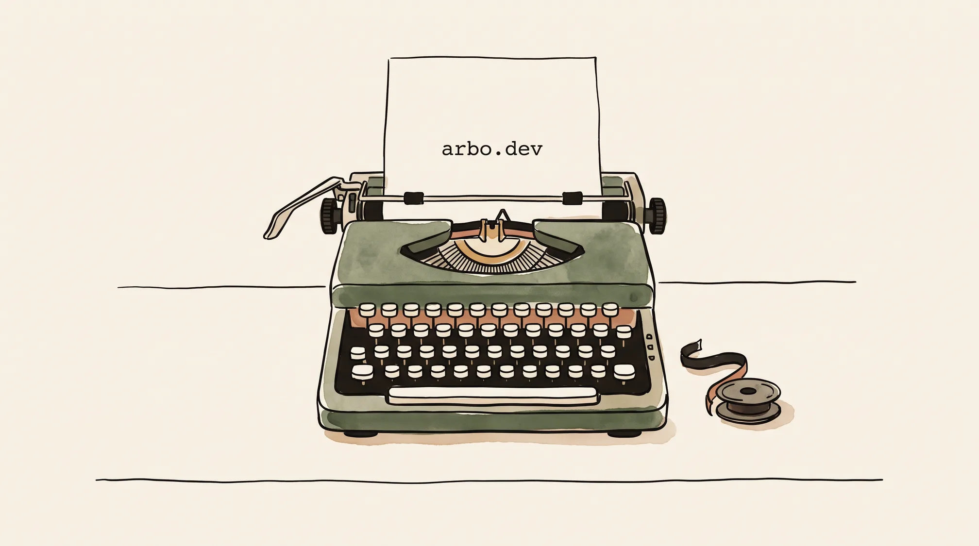 A manual typewriter on a plain table, the paper in its carriage typed with the single lowercase line arbo.dev, a used ribbon spool lying beside it.