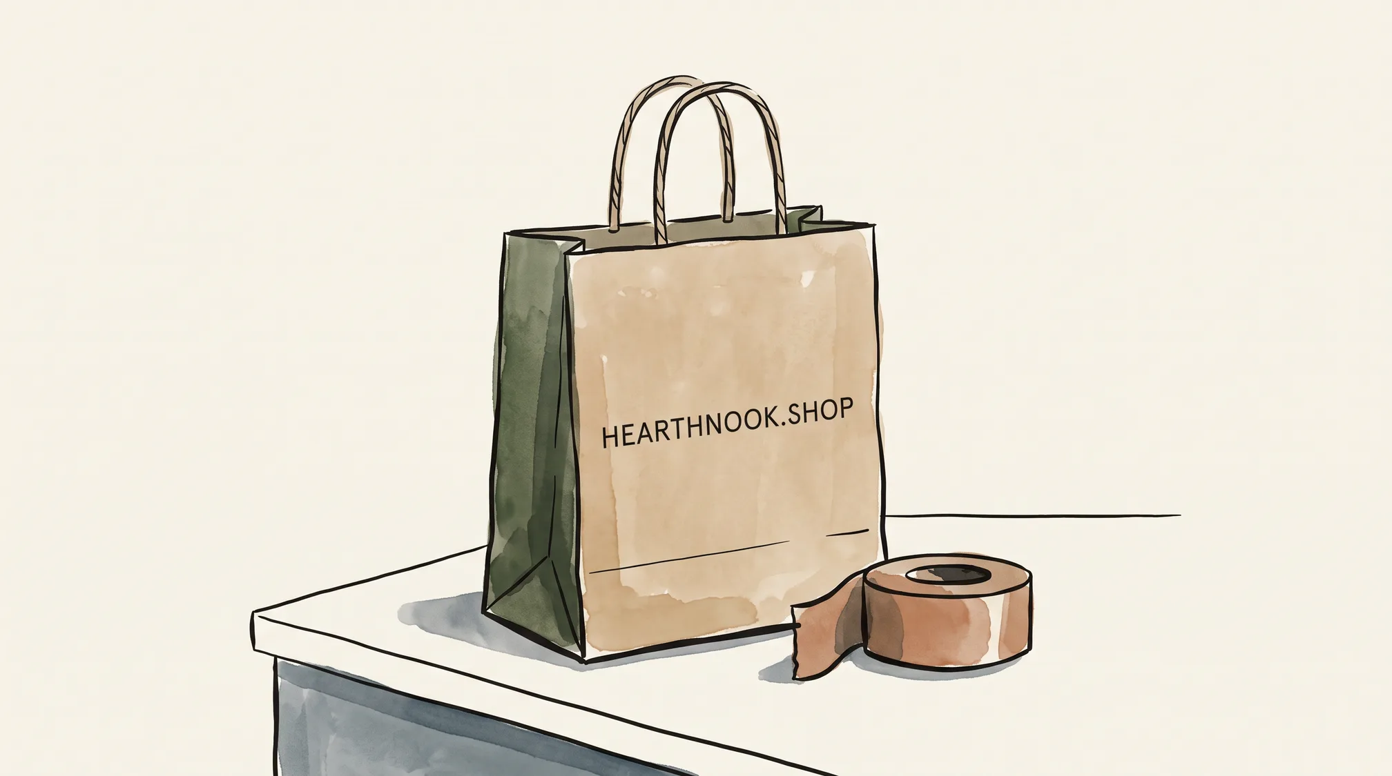 A plain kraft shopping bag printed with the words HEARTHNOOK.SHOP stands on a counter next to a roll of brown packing tape.
