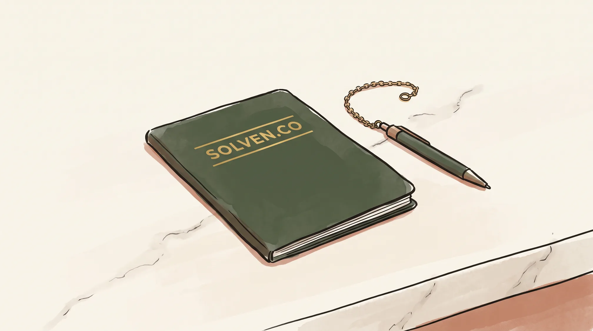 A closed bank savings passbook stamped SOLVEN.CO lies on a marble counter next to a pen on a brass chain.