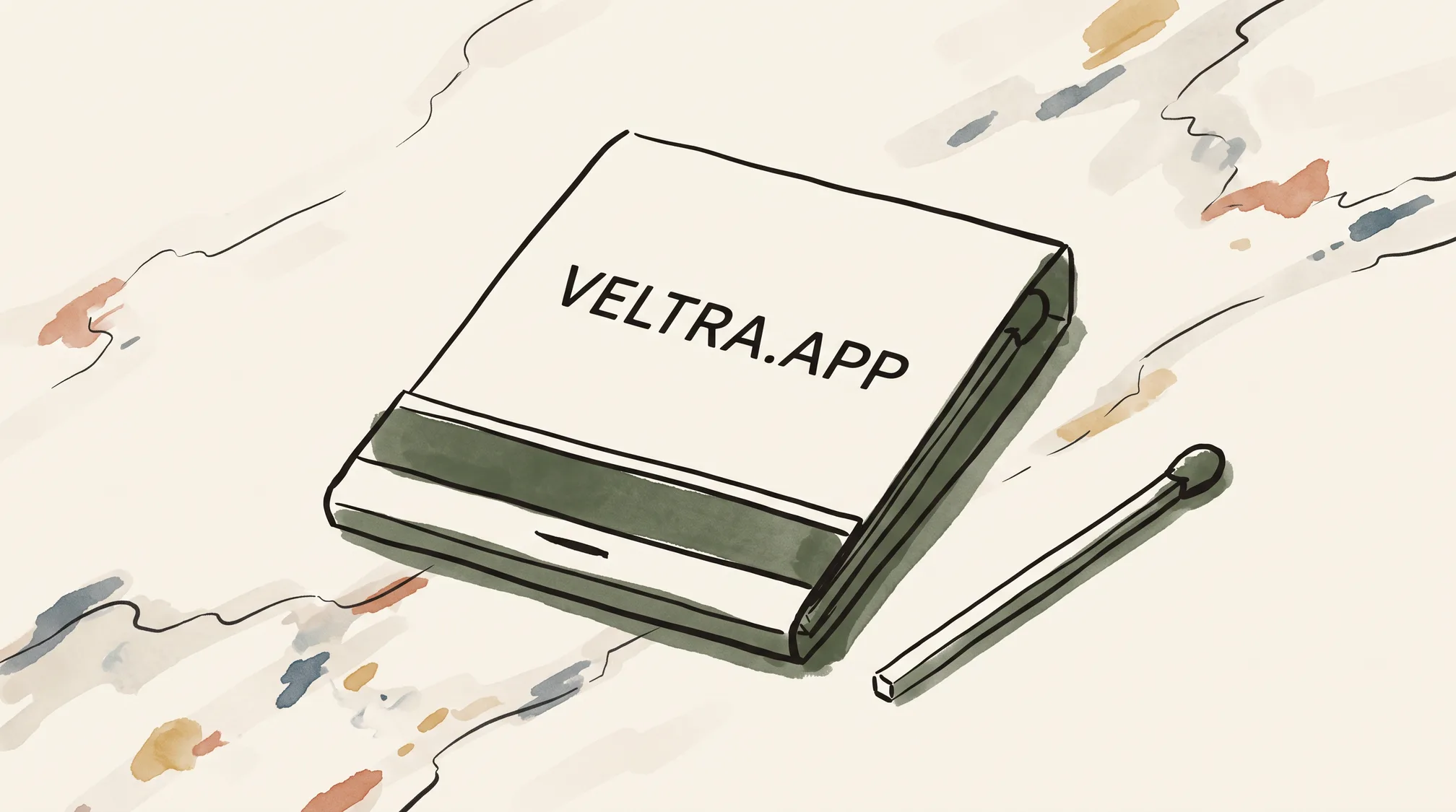 A paper matchbook on a marble counter printed with the name VELTRA.APP, a single wooden match lying next to it.