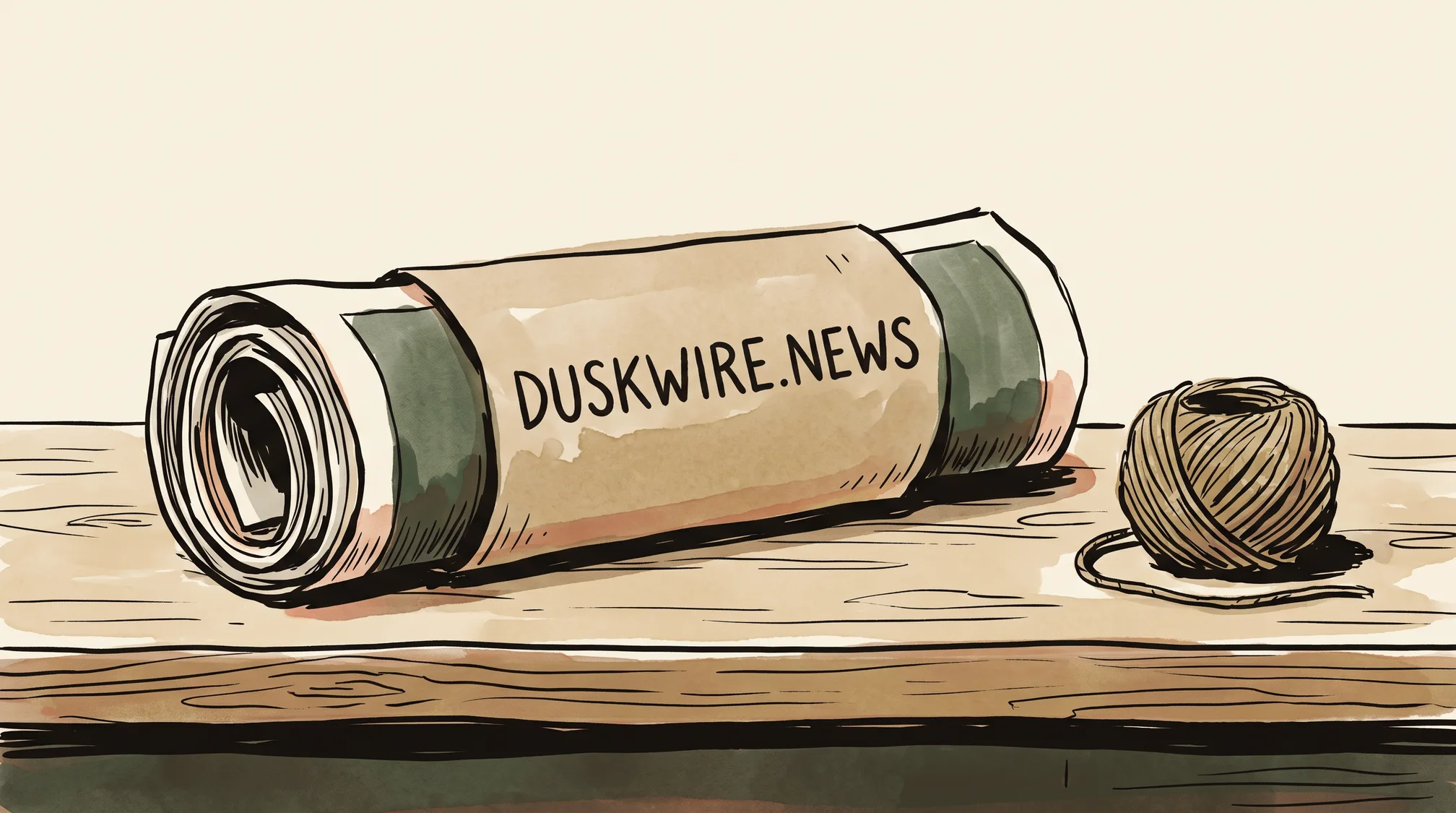 A rolled newsletter wrapped in a kraft paper band printed DUSKWIRE.NEWS lies on a wooden counter next to a ball of twine.