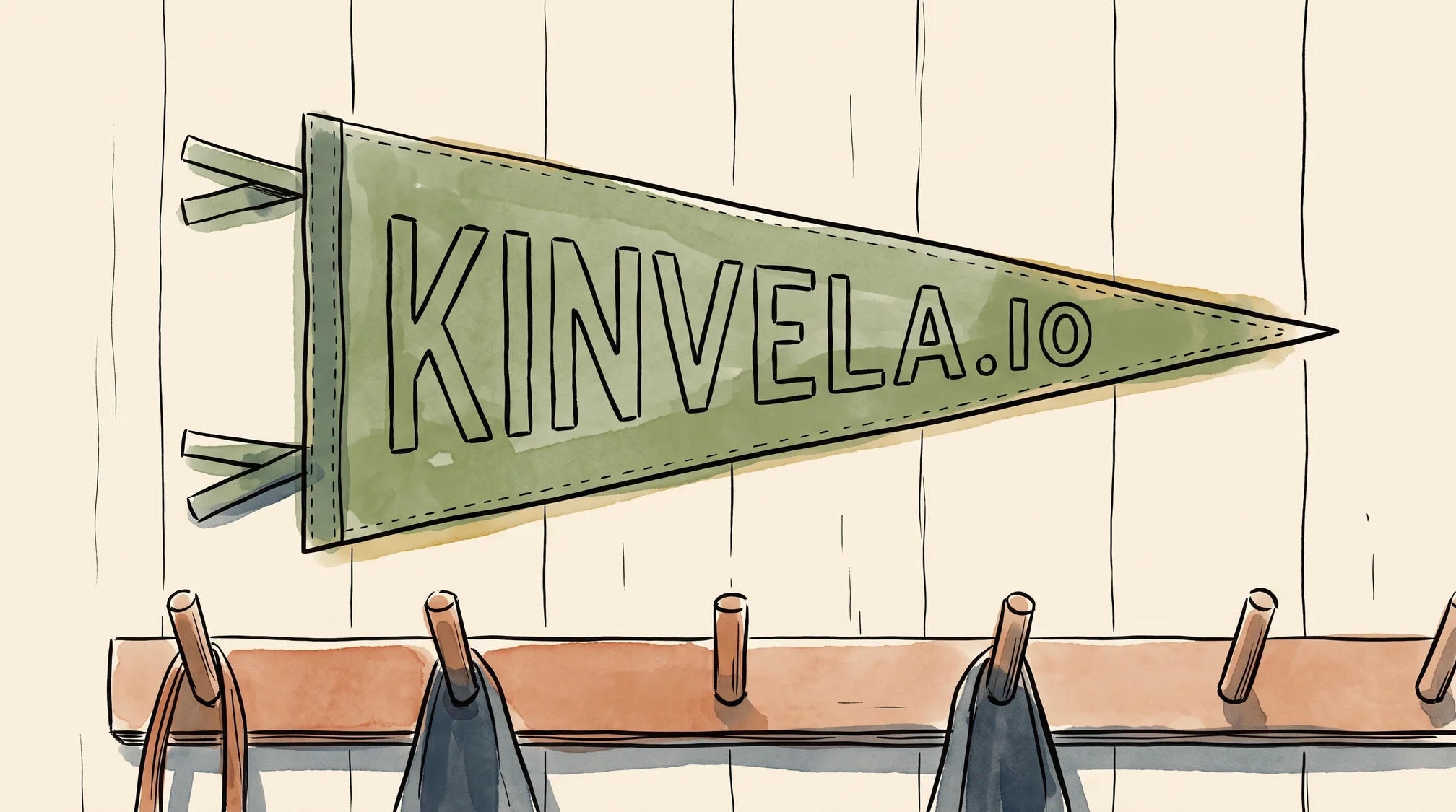 A felt pennant reading KINVELA.IO pinned to a plank wall above a row of wooden coat pegs.