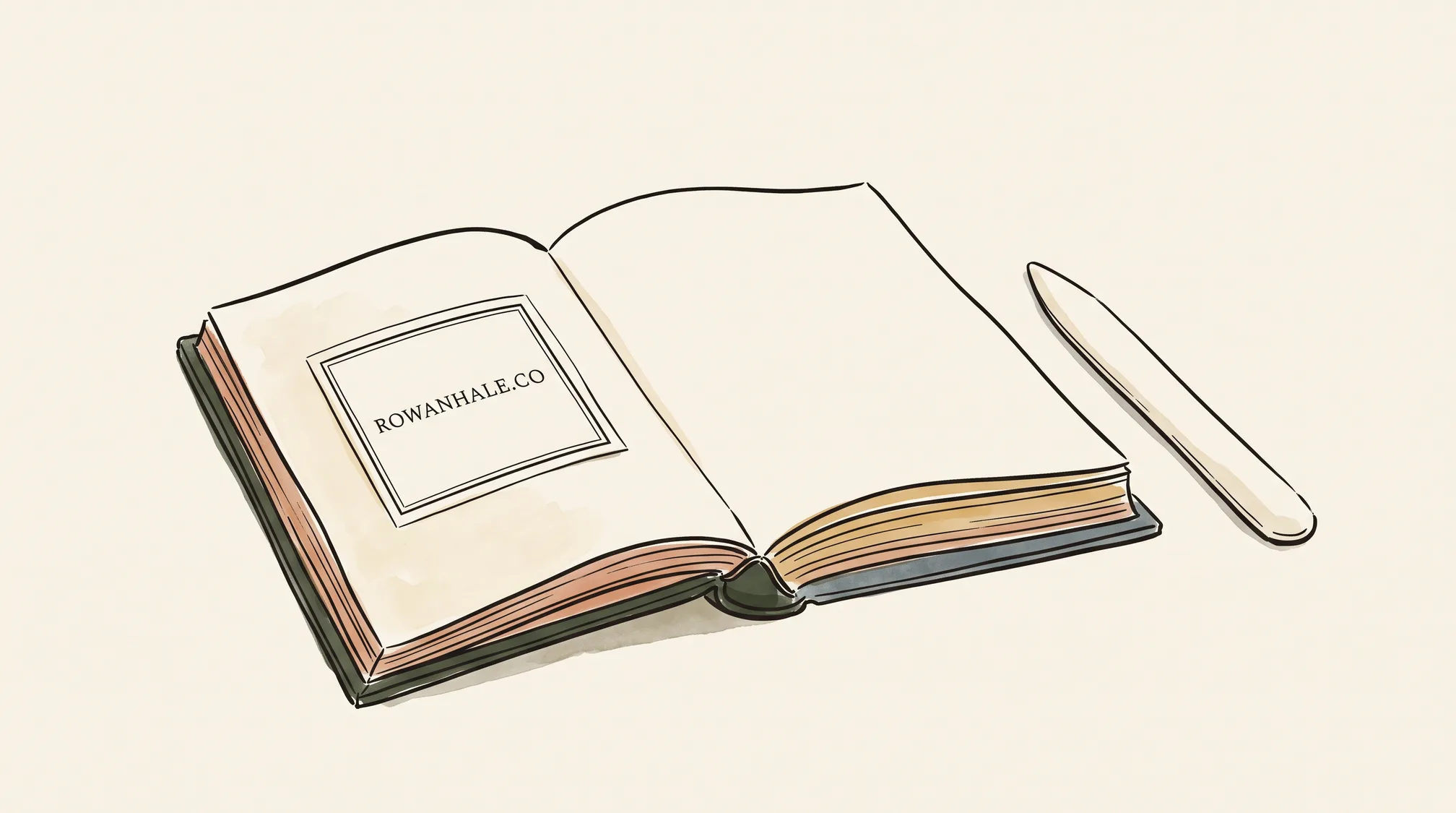An open hardback book on a table with a bookplate inside the cover reading ROWANHALE.CO, a bone folder lying beside it.