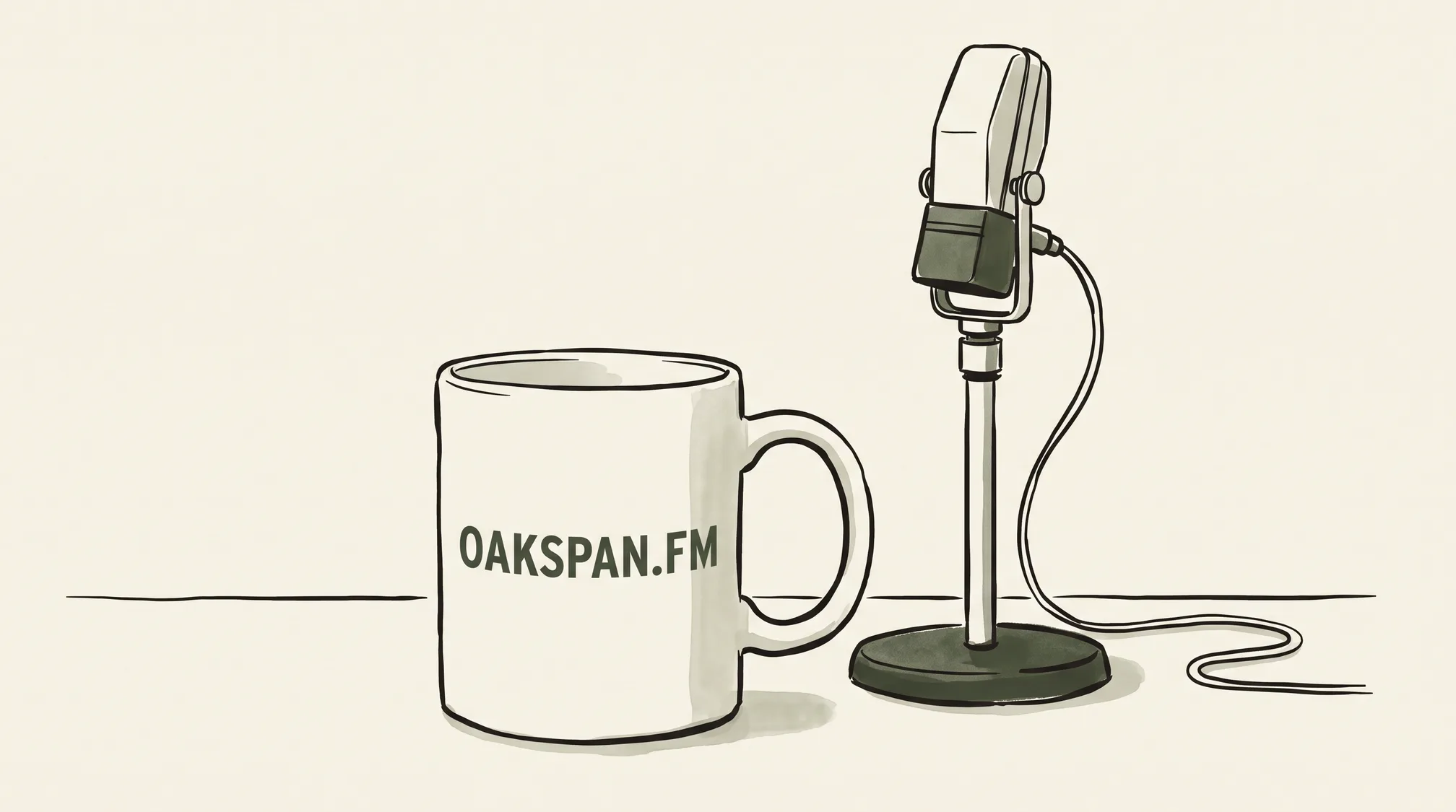 A ceramic mug printed with the domain OAKSPAN.FM stands on a wooden table beside a ribbon microphone on a desk stand.
