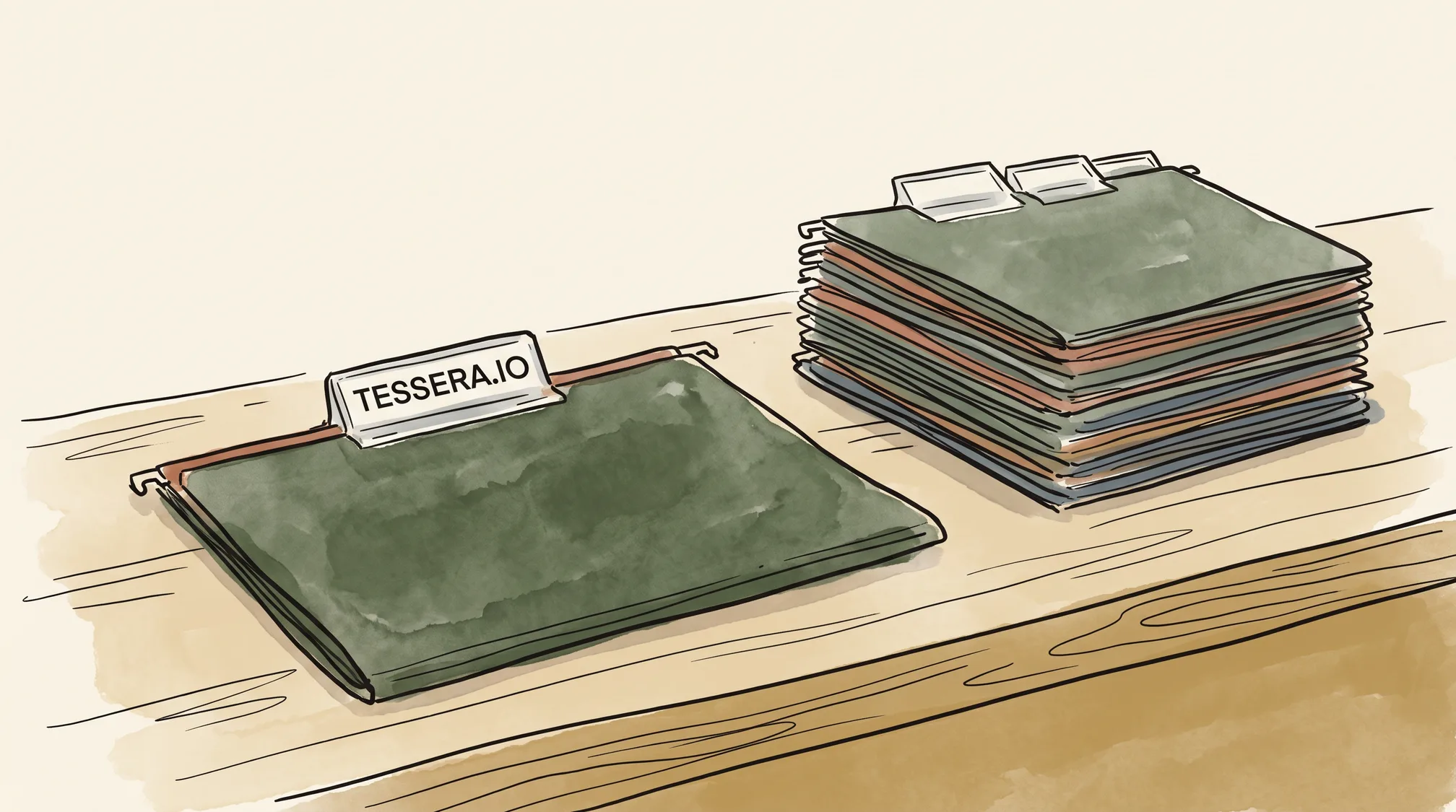 A hanging file folder on a counter whose tab reads TESSERA.IO, beside a stack of folders with blank tabs.