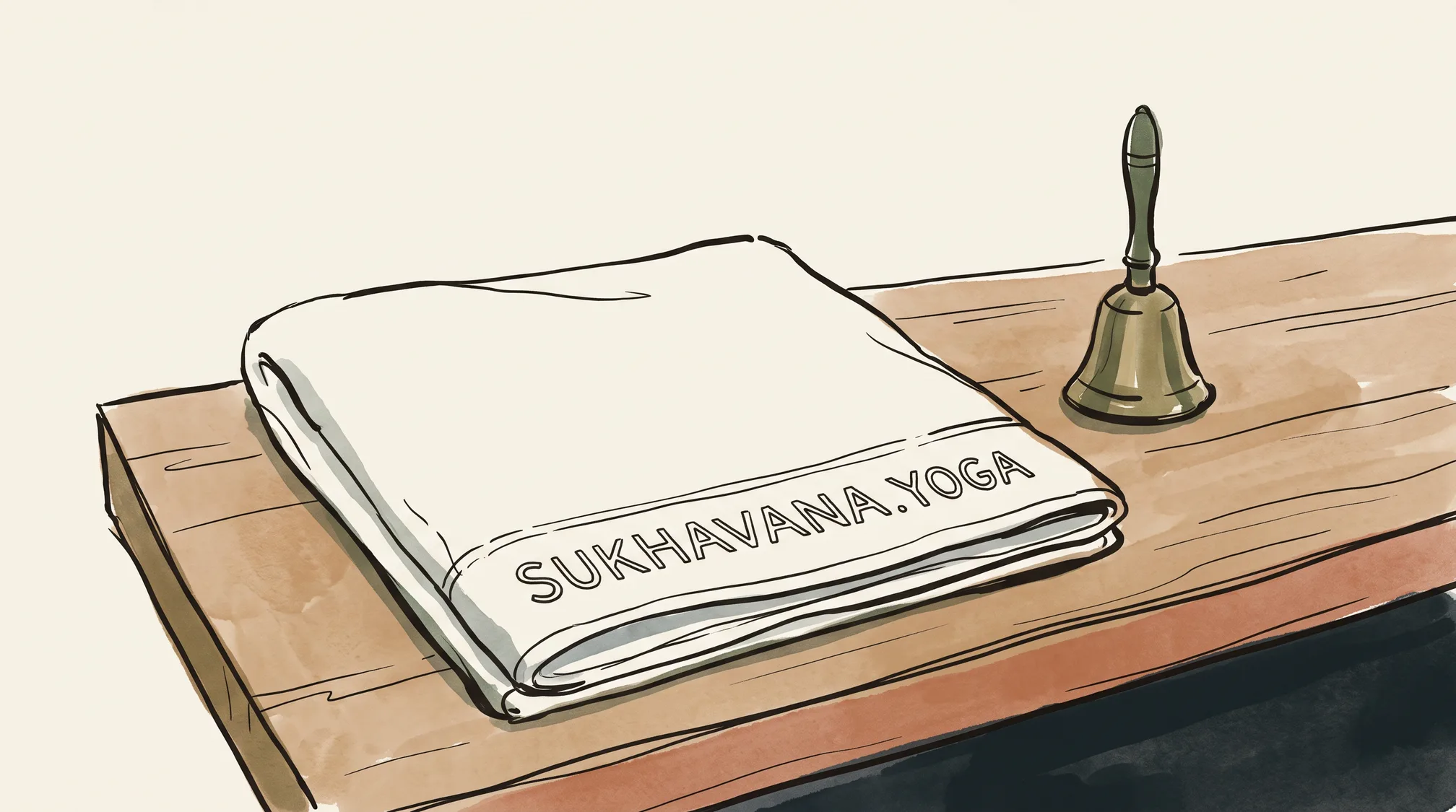 A folded white towel on a wooden counter, embroidered along its hem with the words SUKHAVANA.YOGA, next to a small brass bell.