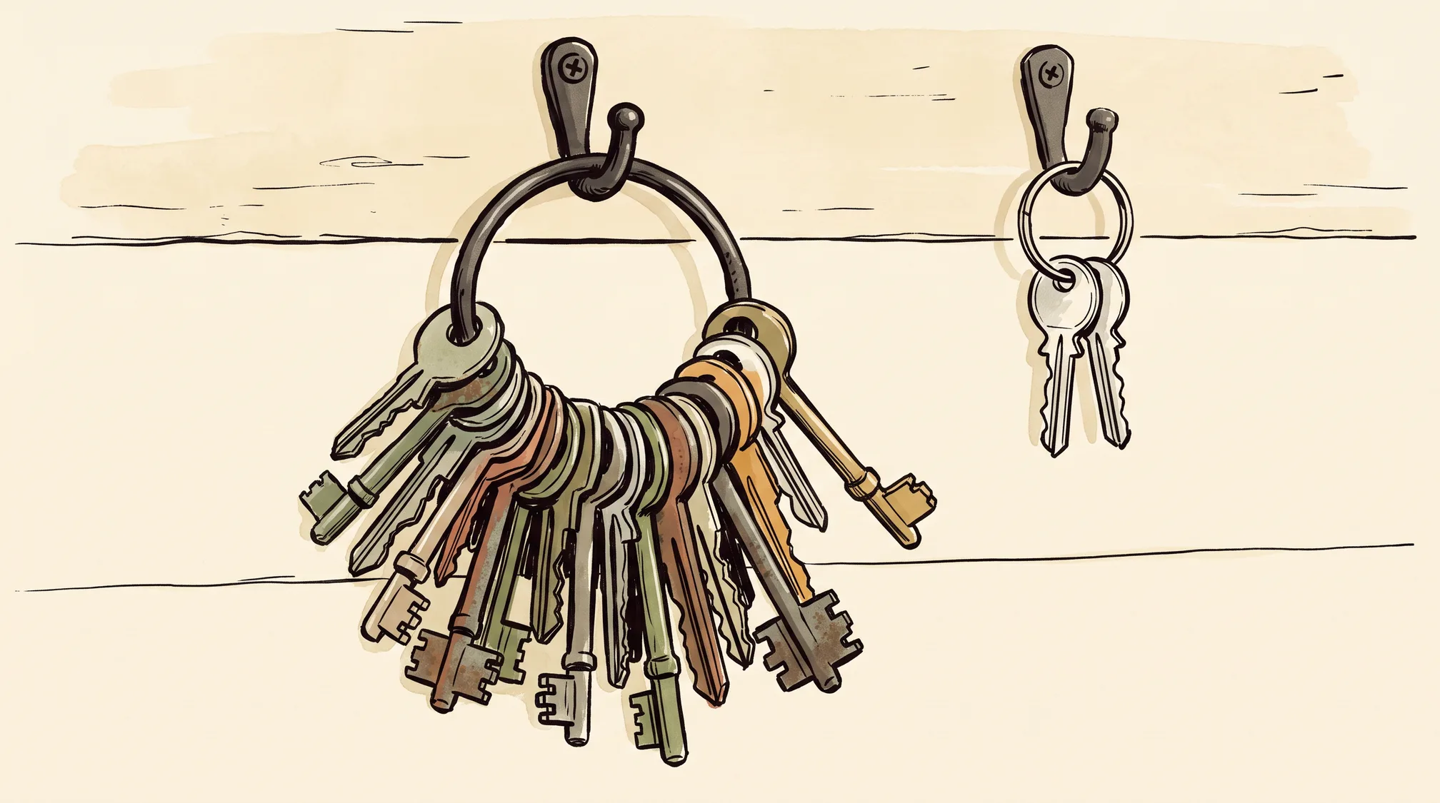 A key ring crowded with assorted keys, some rusted, hangs from a hook on a plank wall beside a small ring holding two bright keys.