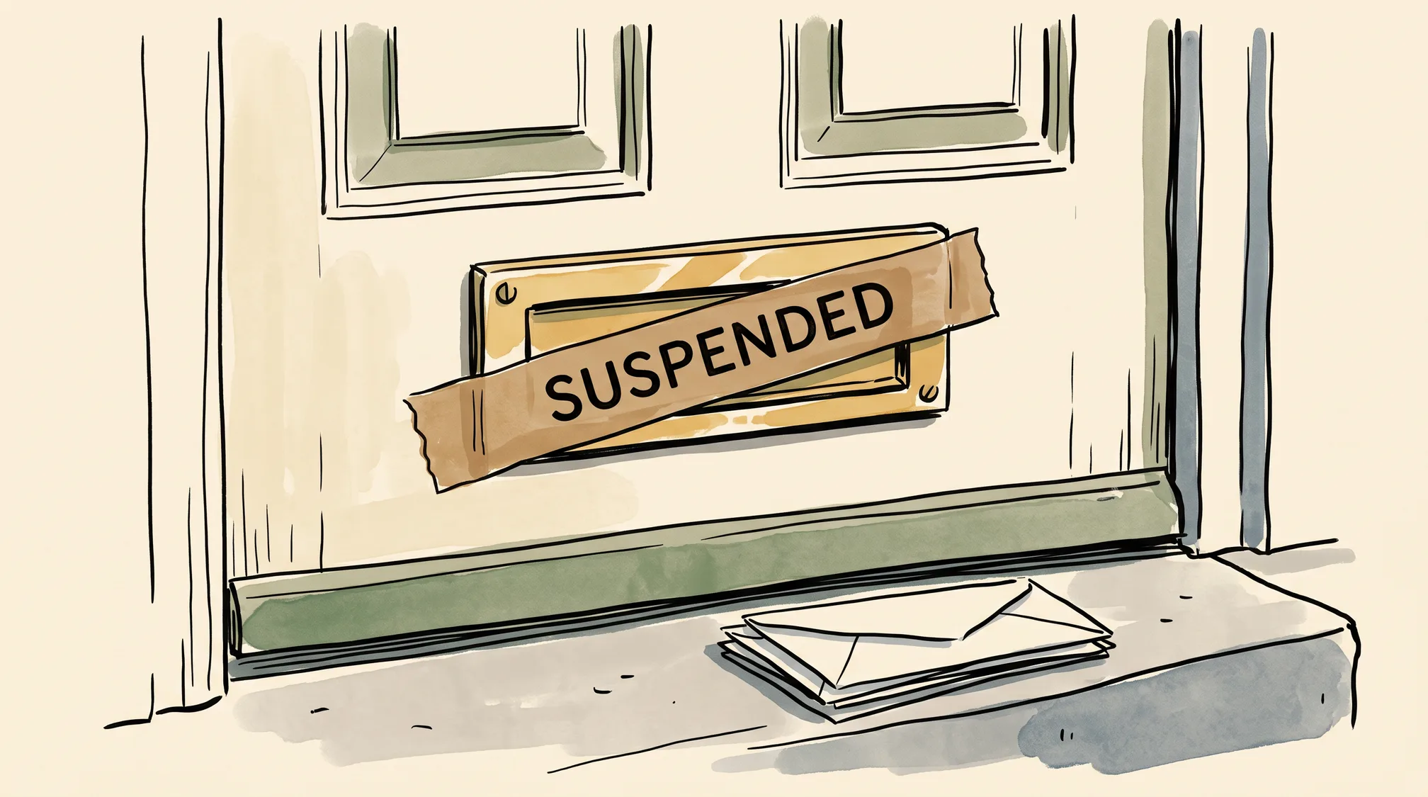 A brass letterbox flap sealed shut with a strip of tape printed SUSPENDED, and undelivered envelopes lying on the doorstep beneath it.