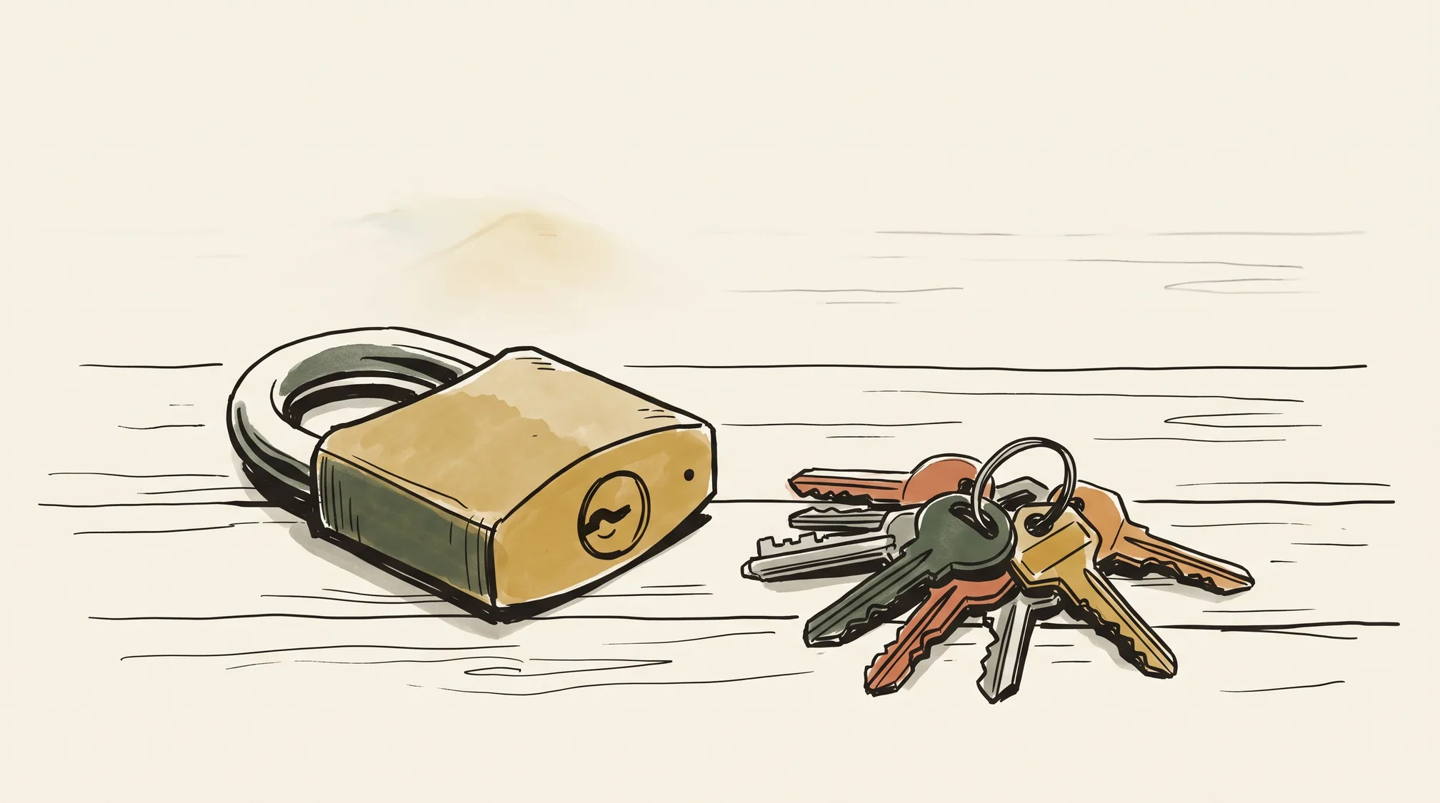 A closed brass padlock resting on a workbench next to a pile of many mismatched keys.