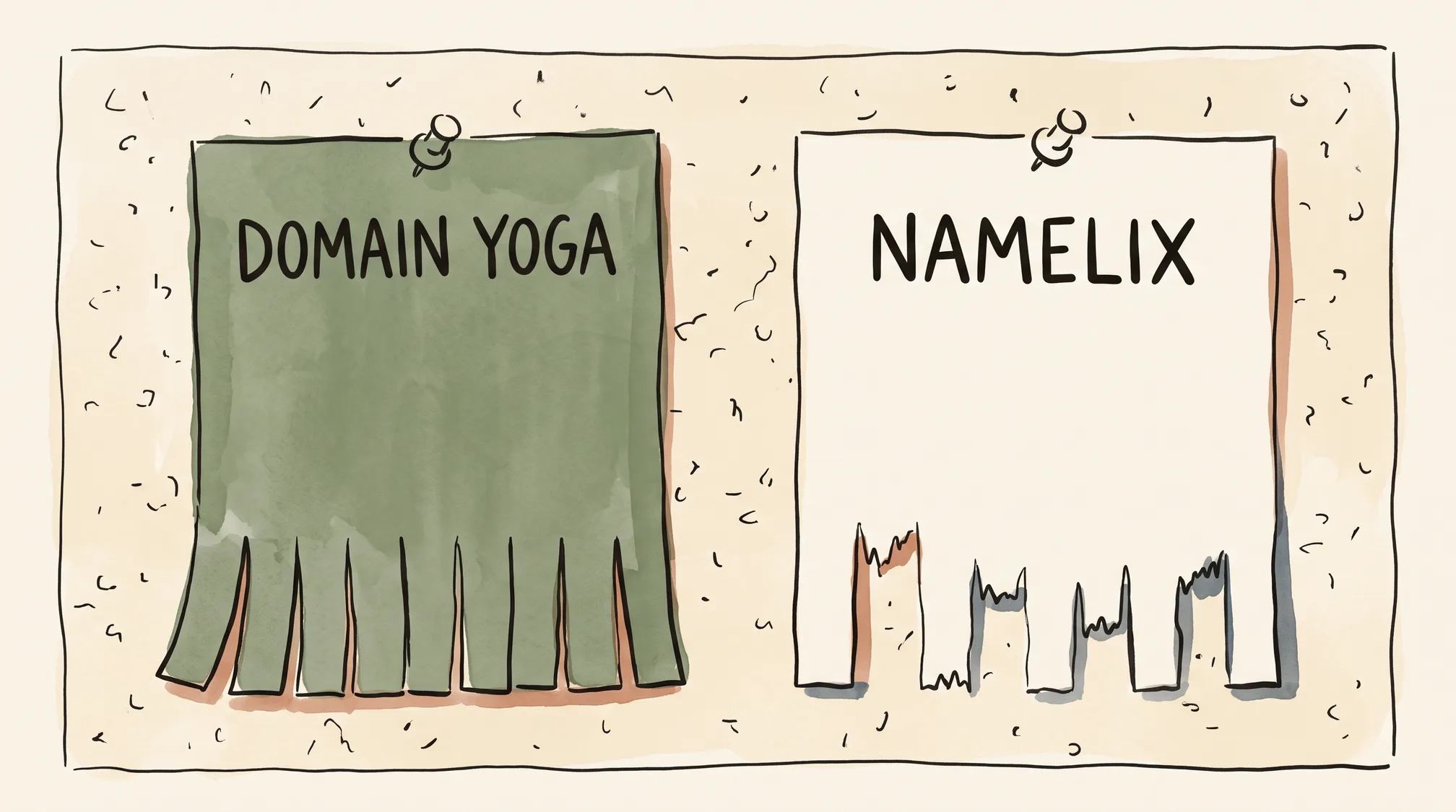 Two take-one notices pinned side by side on a cork board: a green one headed DOMAIN YOGA with its tear-off tabs intact, and a plain one headed NAMELIX with its tabs ripped away to stubs.