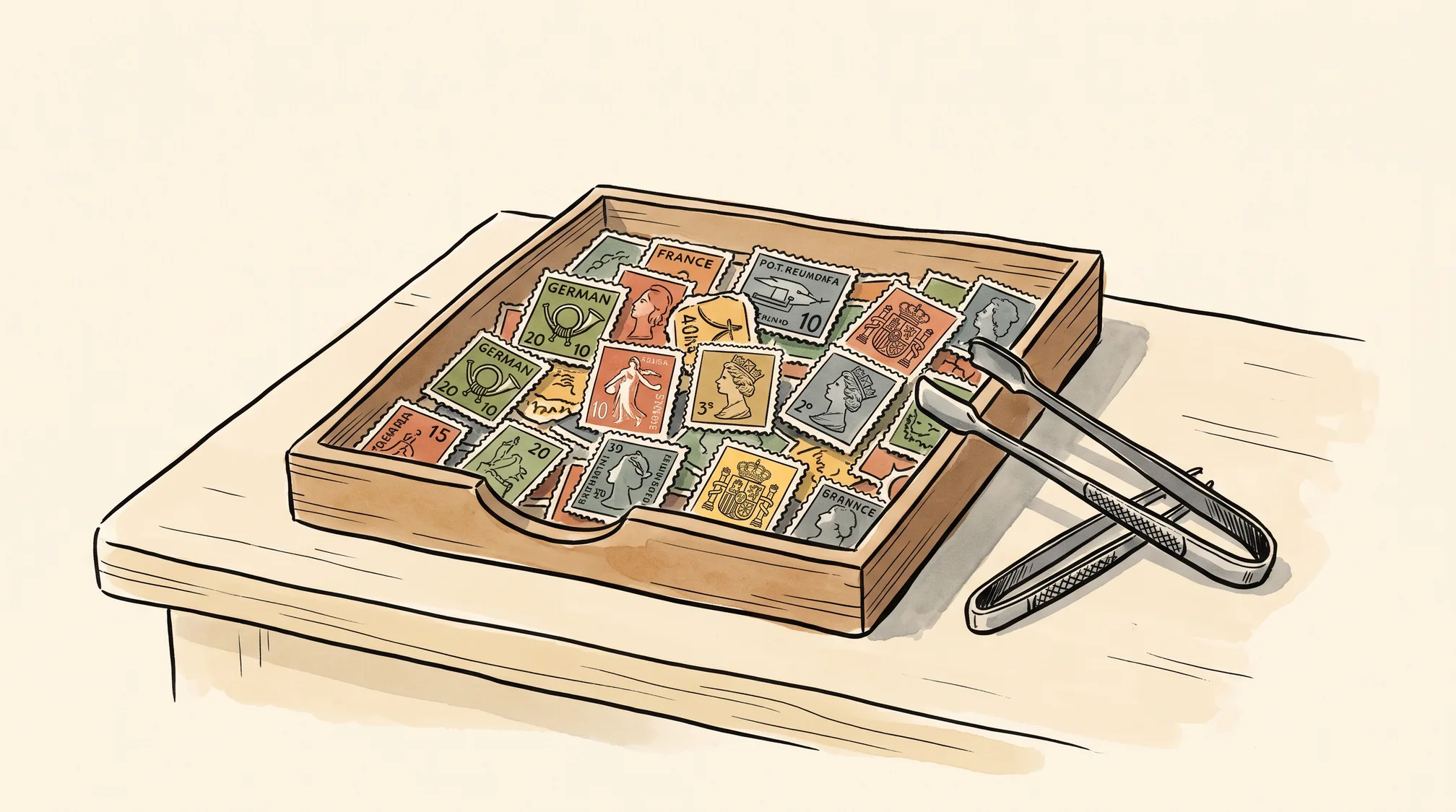 A shallow wooden tray on a counter filled with used European postage stamps, with stamp tongs resting beside it.
