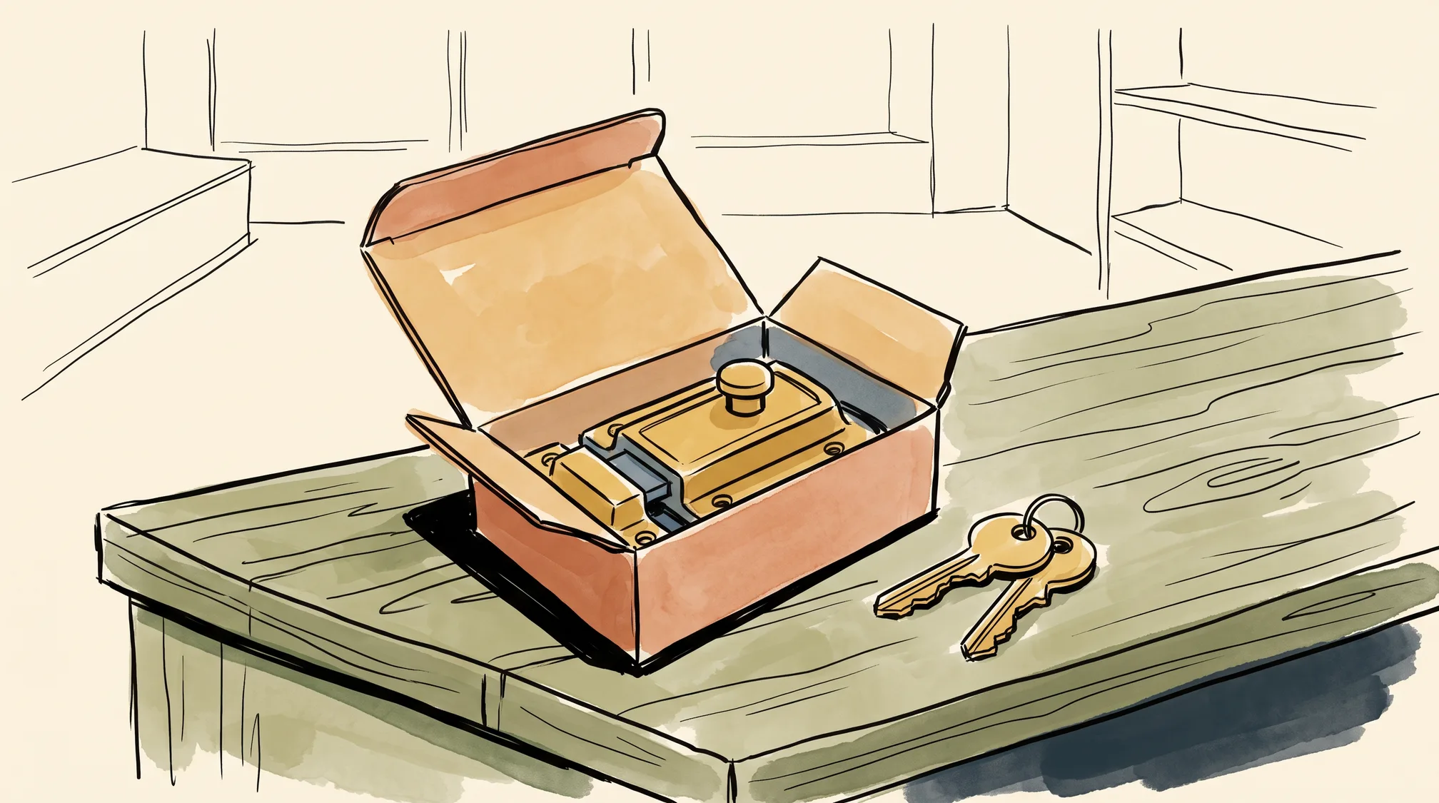 A new brass door latch in an opened cardboard box on a shop counter, with two shiny new keys lying beside it.