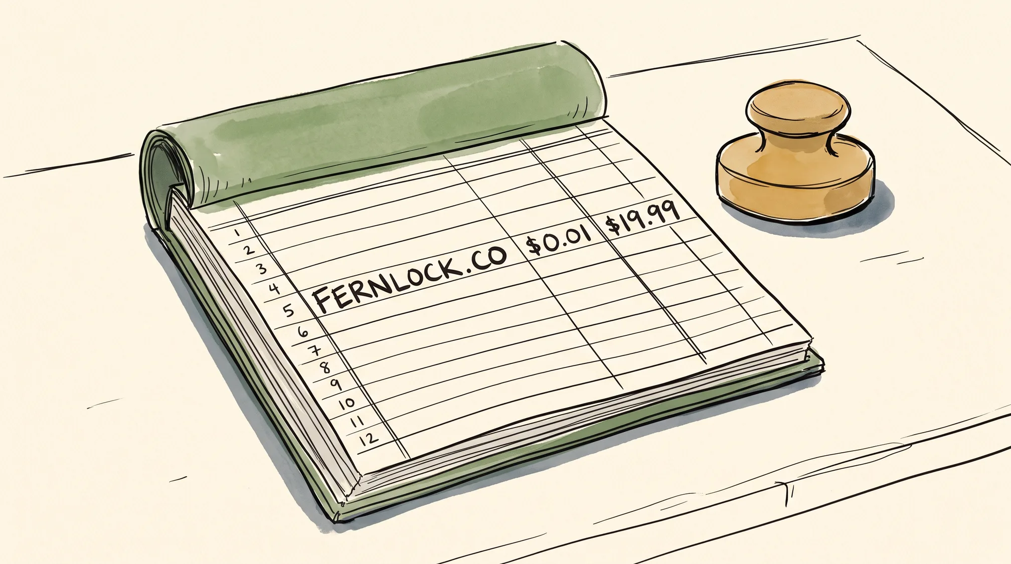 An open account ledger on a wooden counter, blank except for one handwritten line reading FERNLOCK.CO $0.01 $19.99, with a brass paperweight beside it.