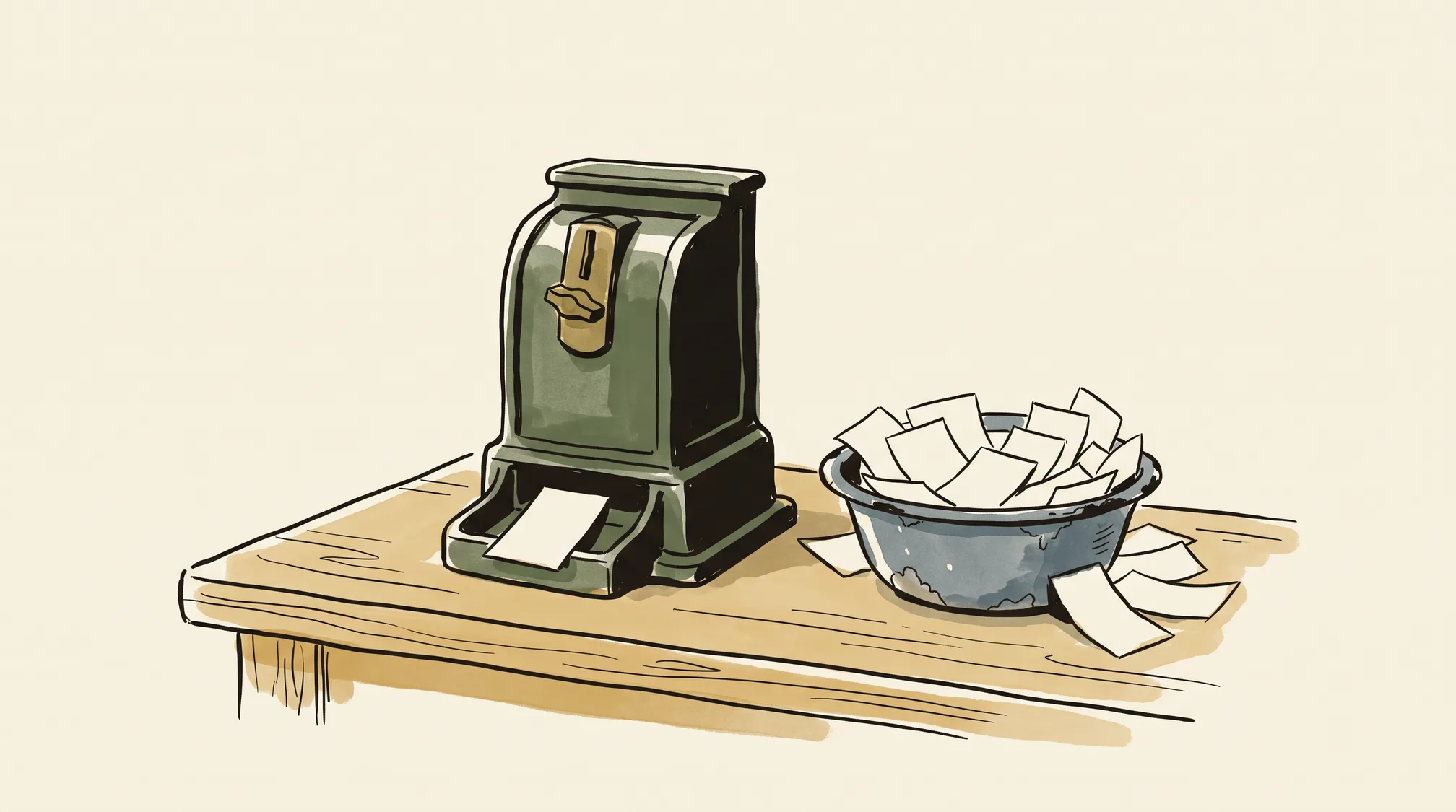 A coin-operated counter-top dispenser holding one clean paper slip in its tray, next to an enamel bowl overflowing with free loose paper slips.