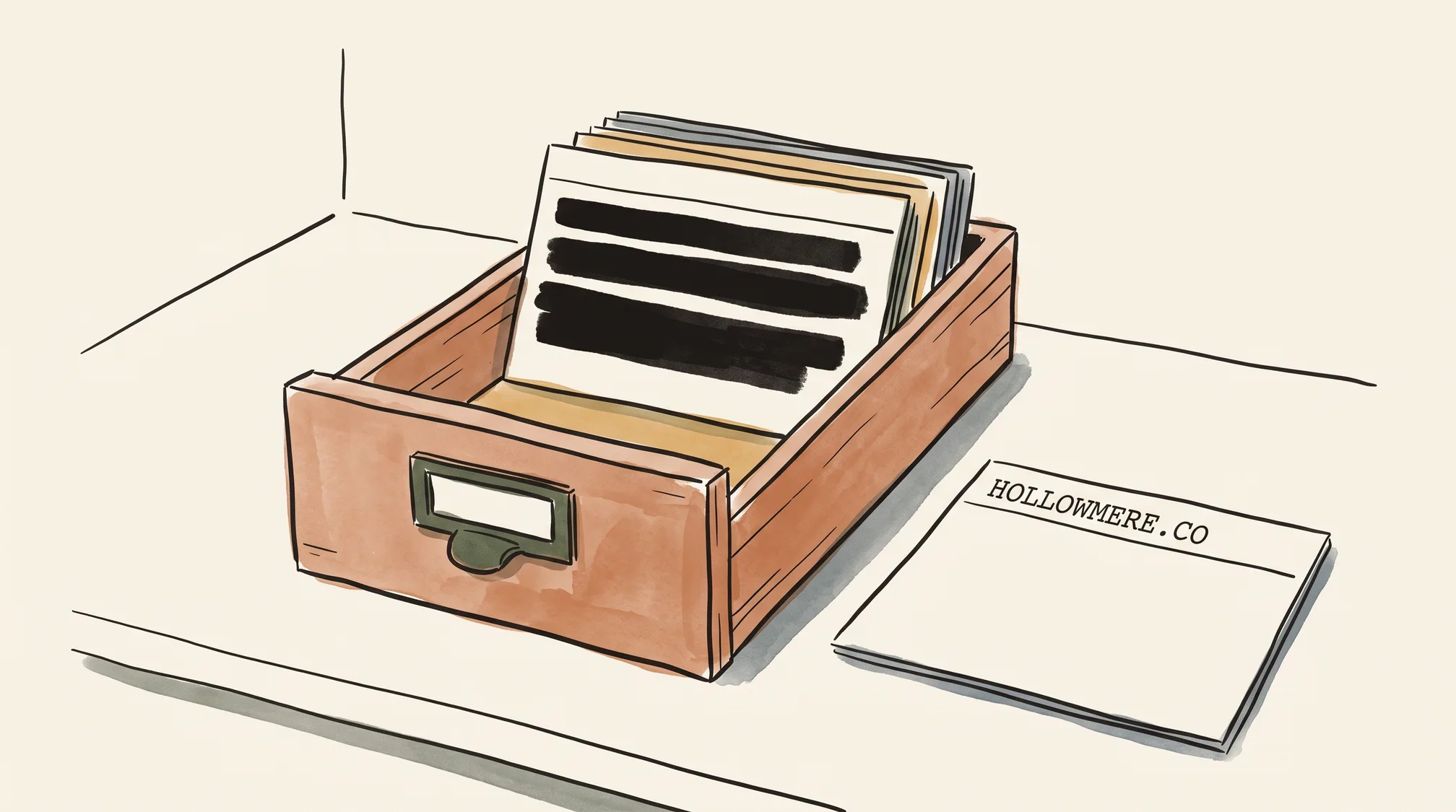 An open card-index drawer holds a filing card struck through with solid black redaction bars, next to a card on the counter headed HOLLOWMERE.CO.