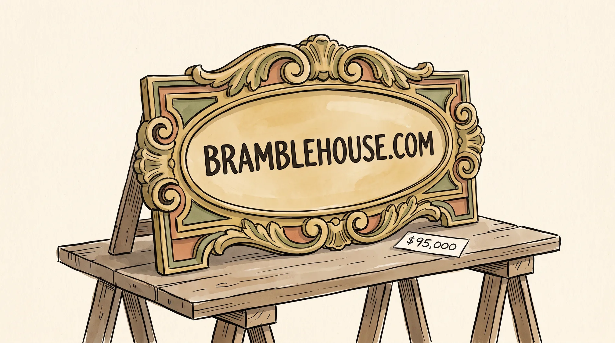 An ornate gilded wooden shop sign lettered BRAMBLEHOUSE.COM rests on trestles beside a small handwritten price ticket reading $95,000.