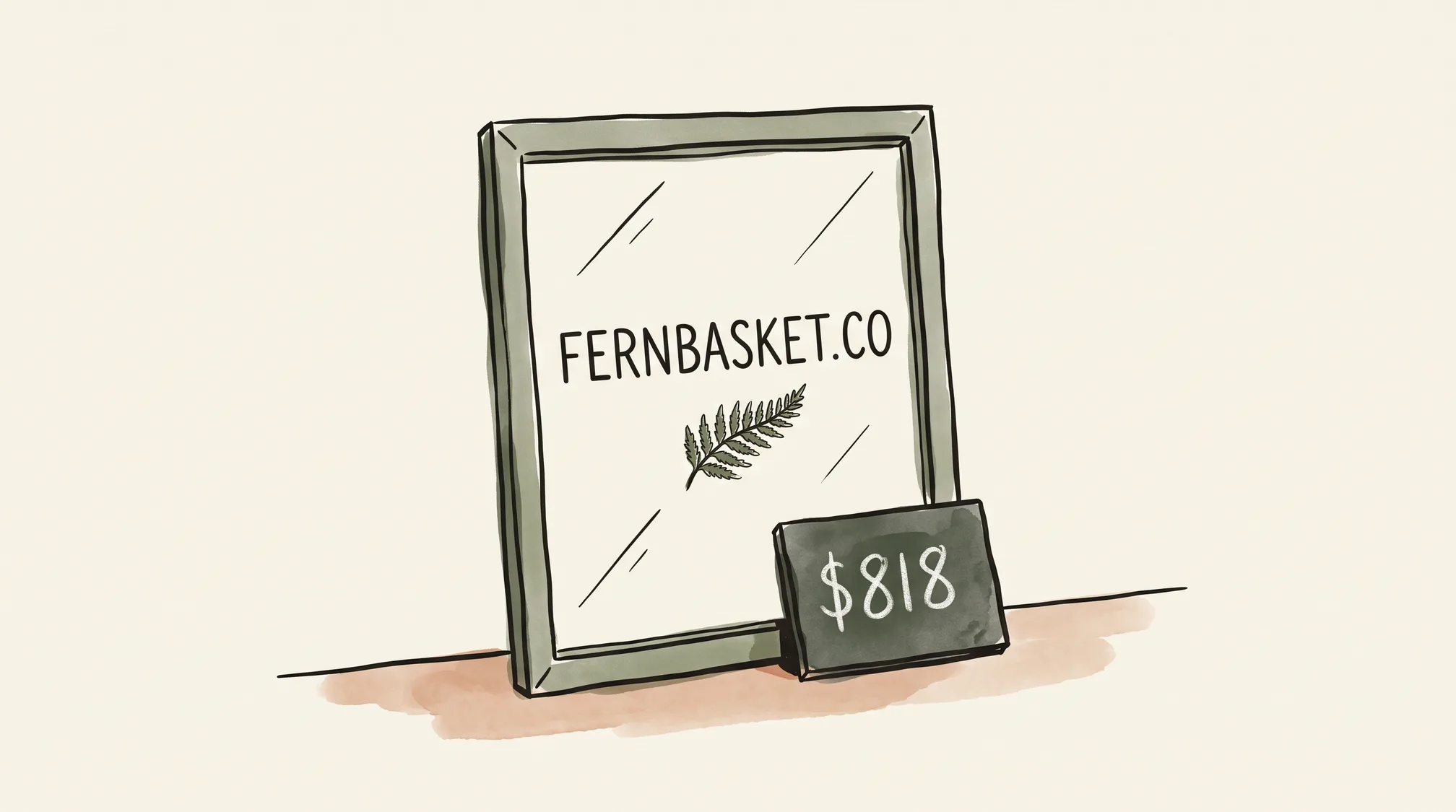 A painted glass shop panel reading FERNBASKET.CO stands on a counter with a small slate chalked $818 leaning against its base.