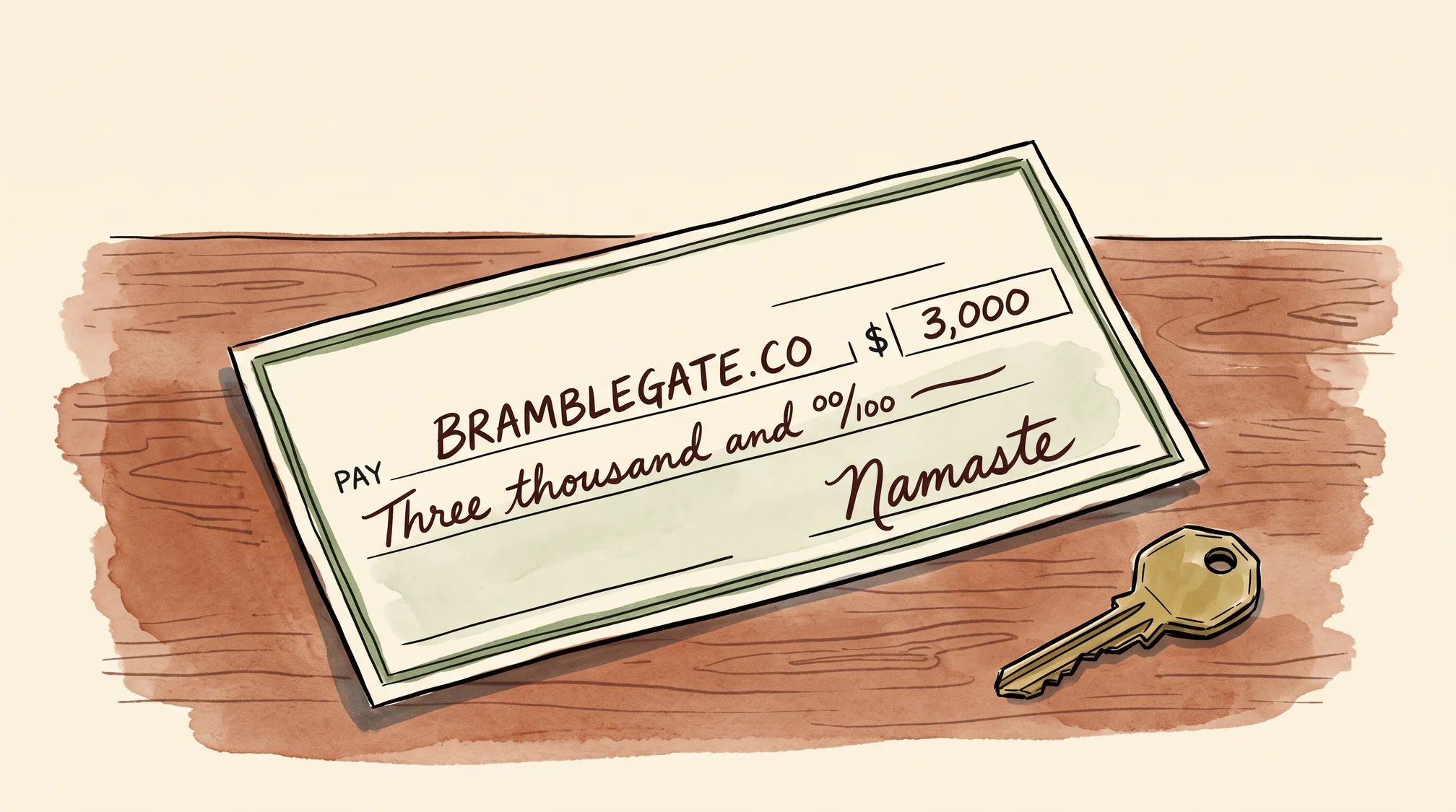 A handwritten cheque made out to BRAMBLEGATE.CO for three thousand dollars, signed Namaste, with a brass door key beside it.